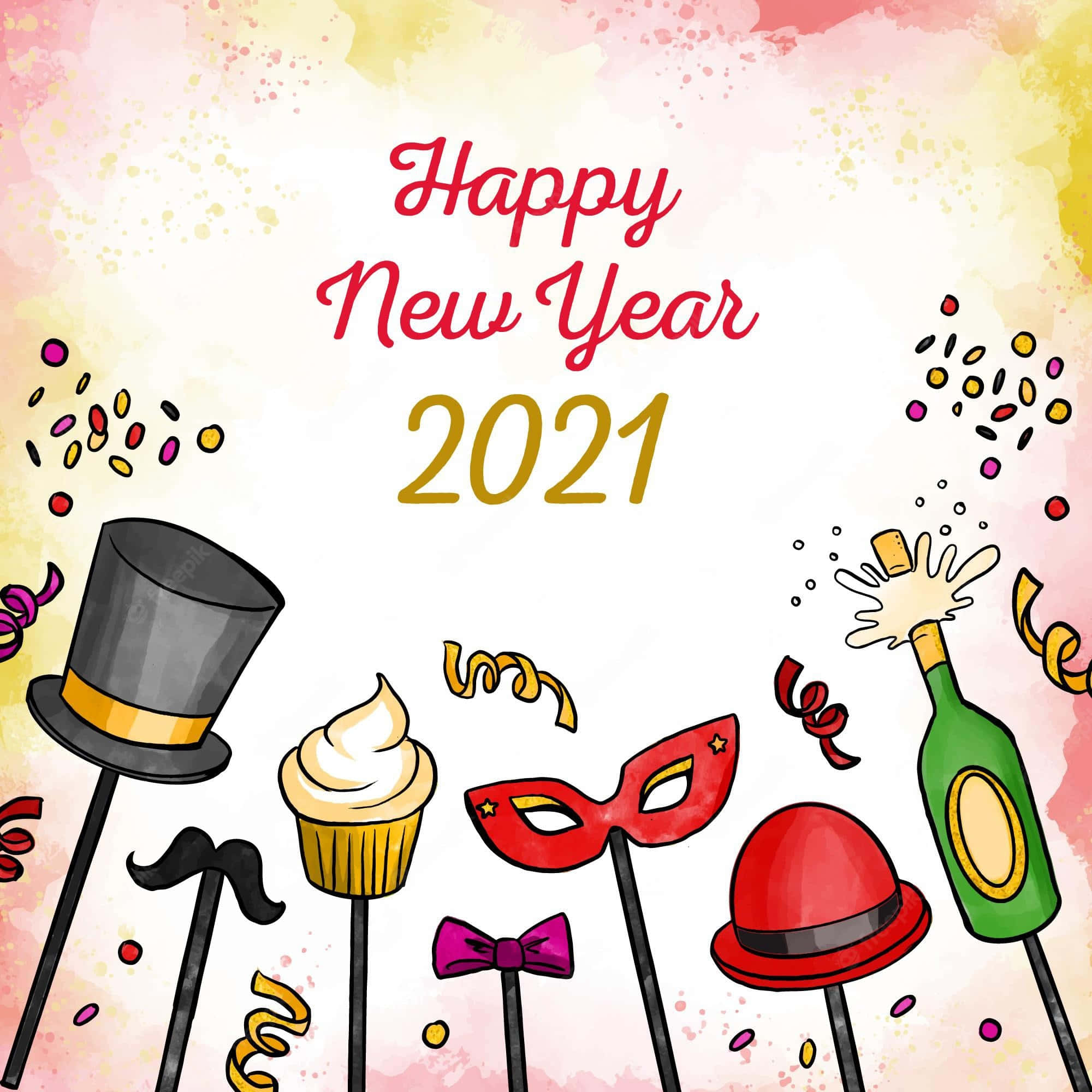 2021 新年快樂，絢麗煙火盛會 壁紙 — 以水彩背景為襯托，充滿活力的2021年新年慶祝插圖，配有派對道具、五彩紙屑和節日文字。
