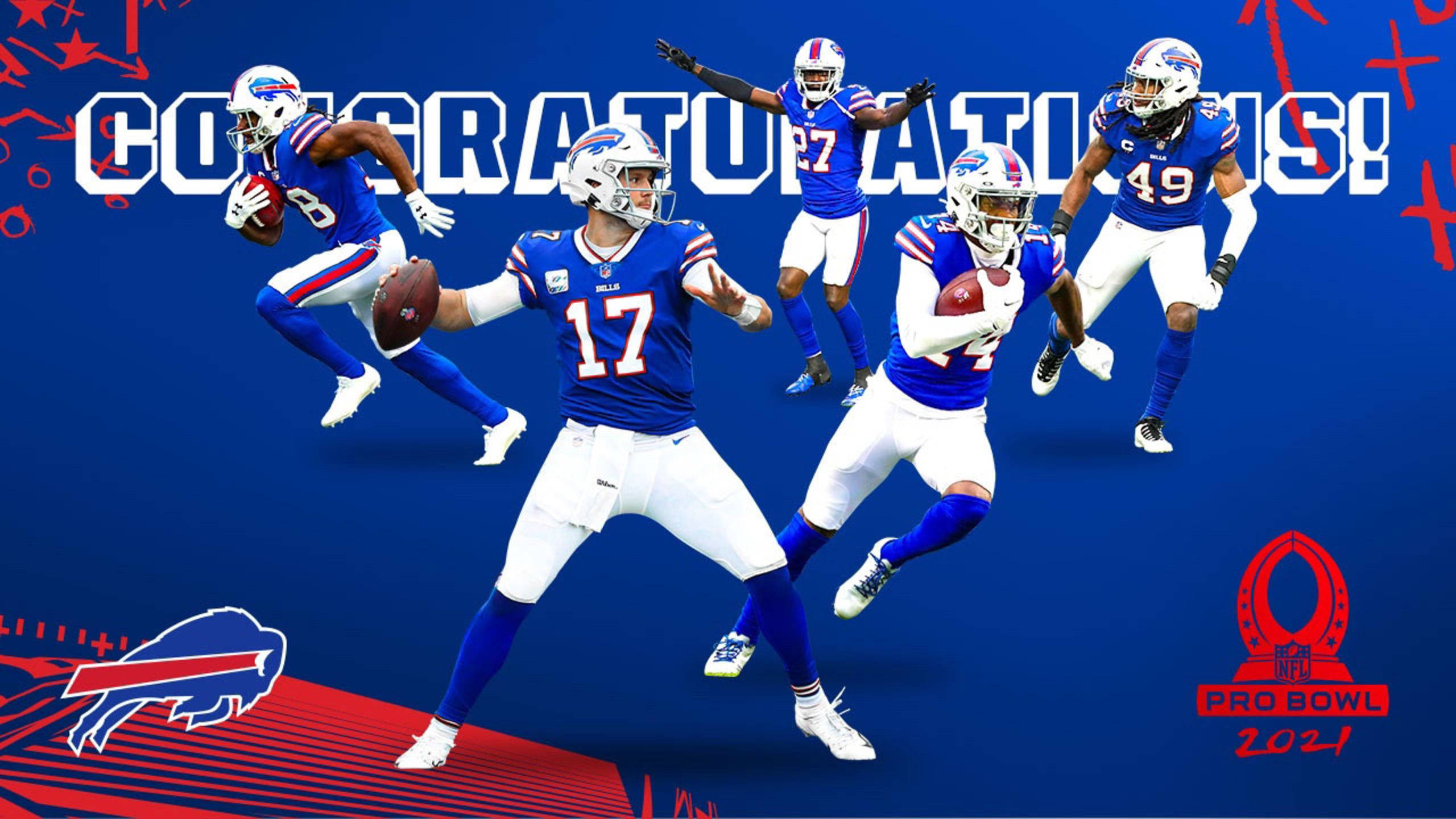 2021 美國職棒聯盟傑出賽 Josh Allen 壁紙 — 水牛城比爾隊的足球員身穿藍色和紅色制服，在帶有 'CONGRATULATIONS!' 文字的醒目藍色背景上動態慶祝。