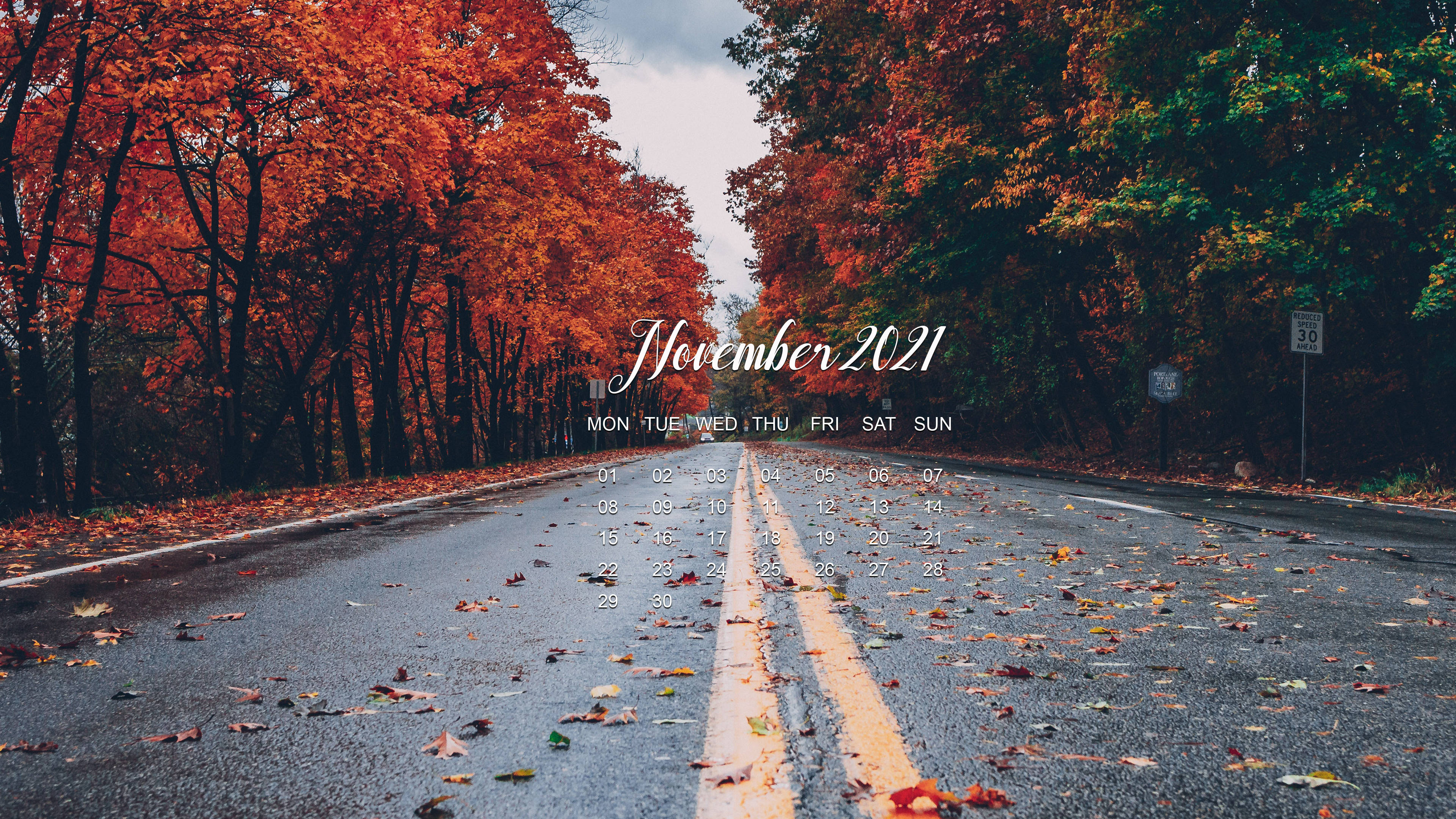 2021年11月日曆：紅葉林道 壁紙 — 一條潮濕的秋季道路，兩旁是火紅和橙色的樹木，通往多雲的天空，並帶有2021年11月的日曆疊加。