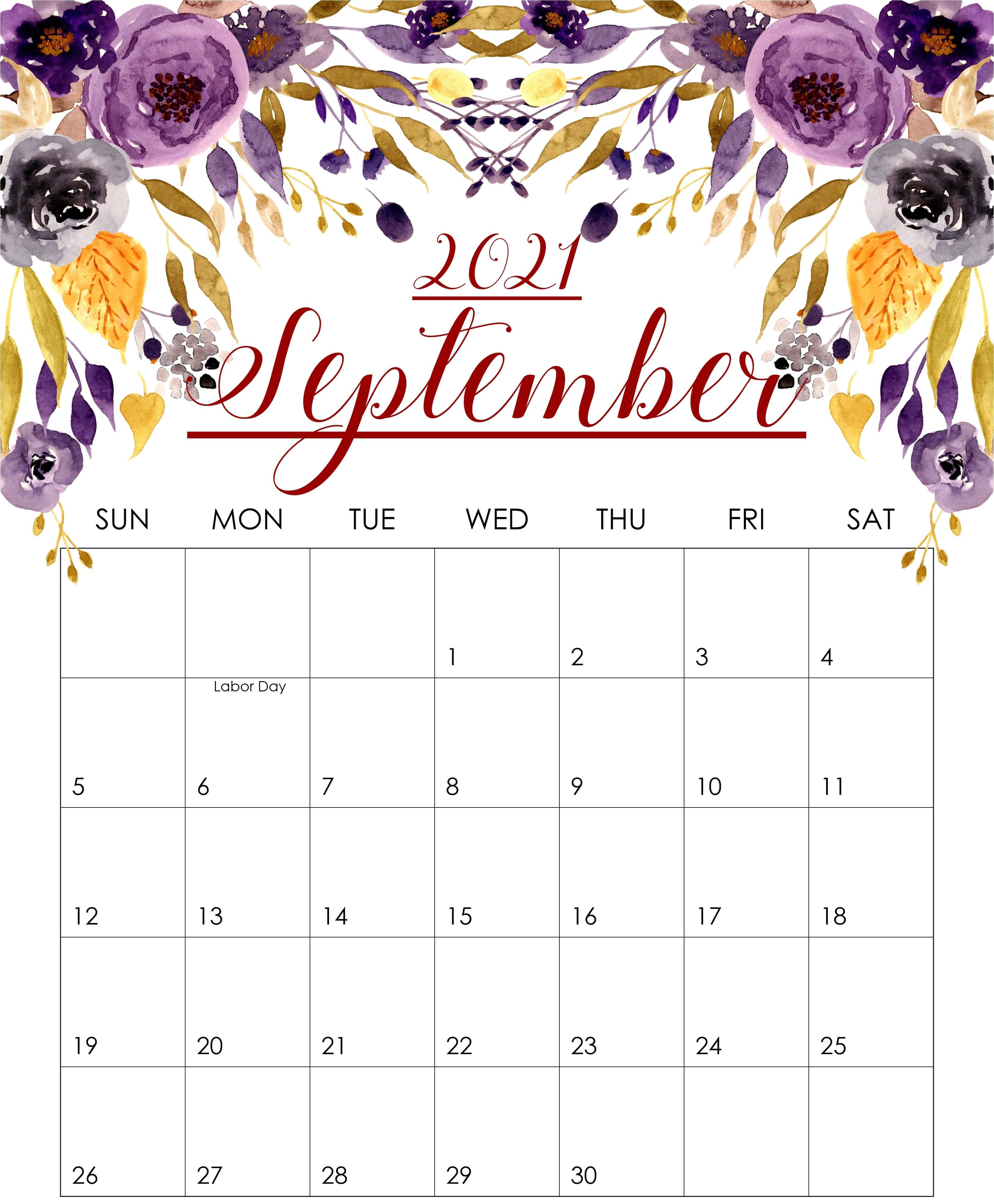 2021年9月紫色花卉日曆 壁紙 — 2021年9月日曆，飾有紫色和金色的水彩花卉和葉子。