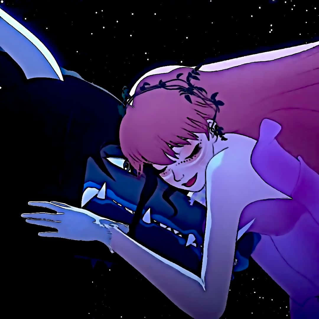 紫髮有翼的女孩在星空下擁抱藍龍。