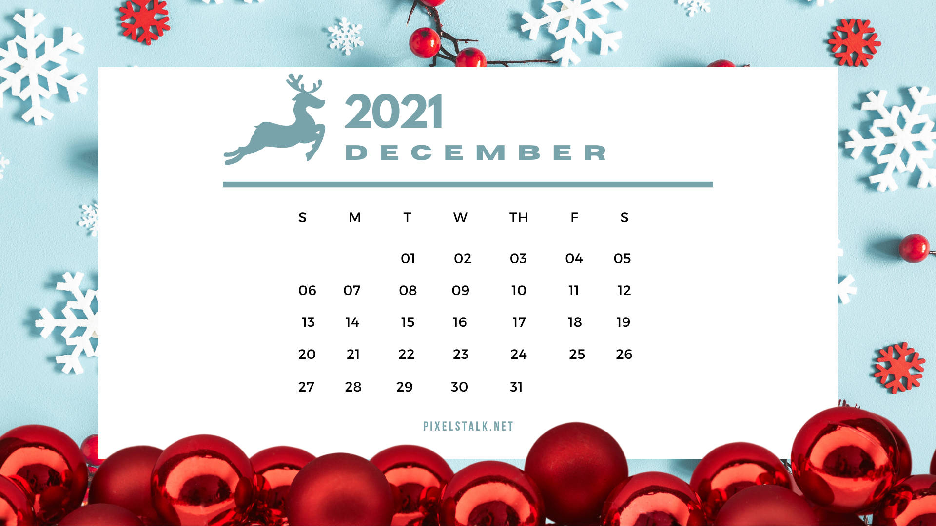 2021年12月日曆，裝飾有紅色裝飾品和白色雪花。
