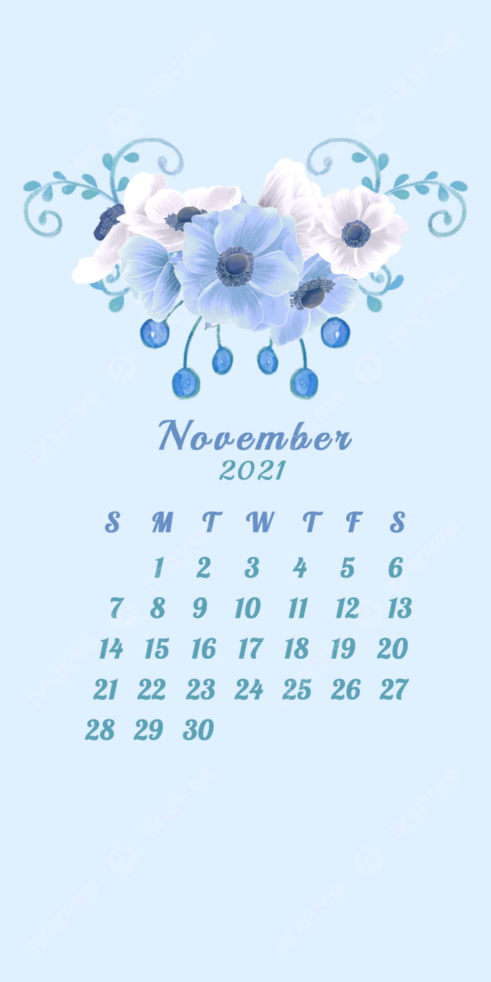 2021年11月月曆，淺藍色背景上帶有藍白花卉設計。