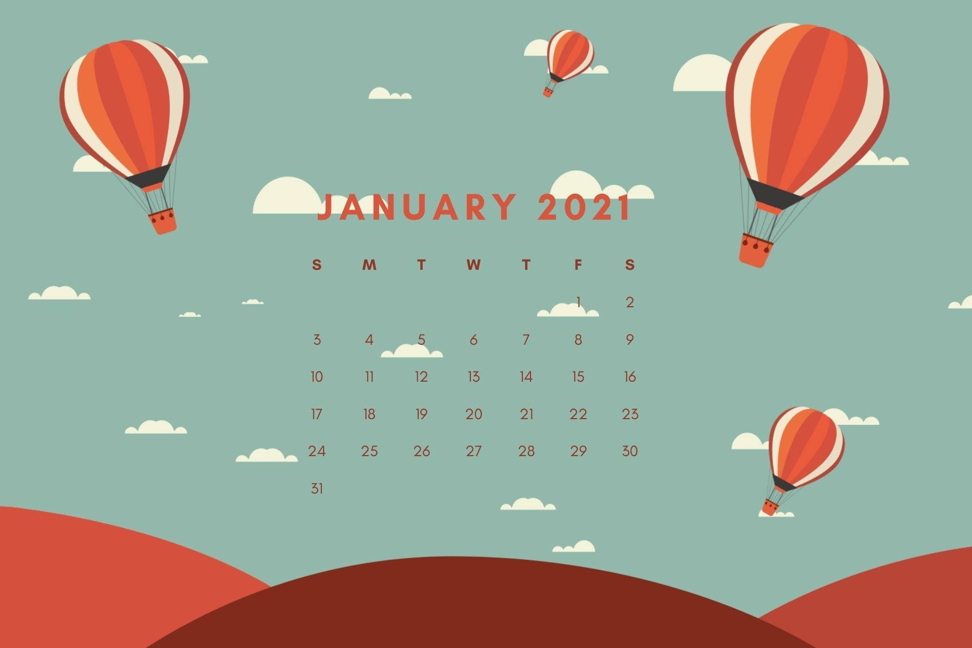 2021 Desktop 桌布 壁紙 — 2021年1月日曆，橙色條紋熱氣球在藍綠色天空下漂浮在風格化的山丘上。