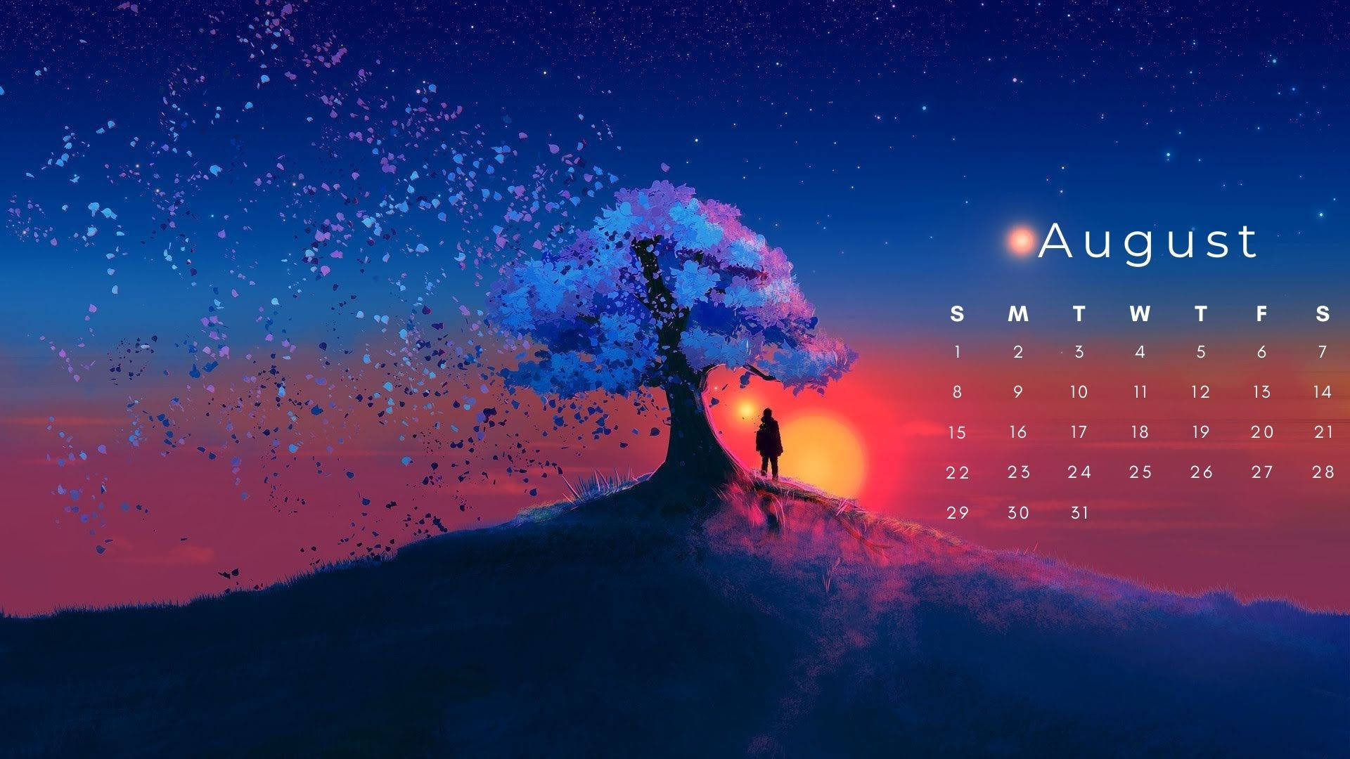 暮色天空中漂浮著八月日曆，山丘上發光的樹下有一個人。
