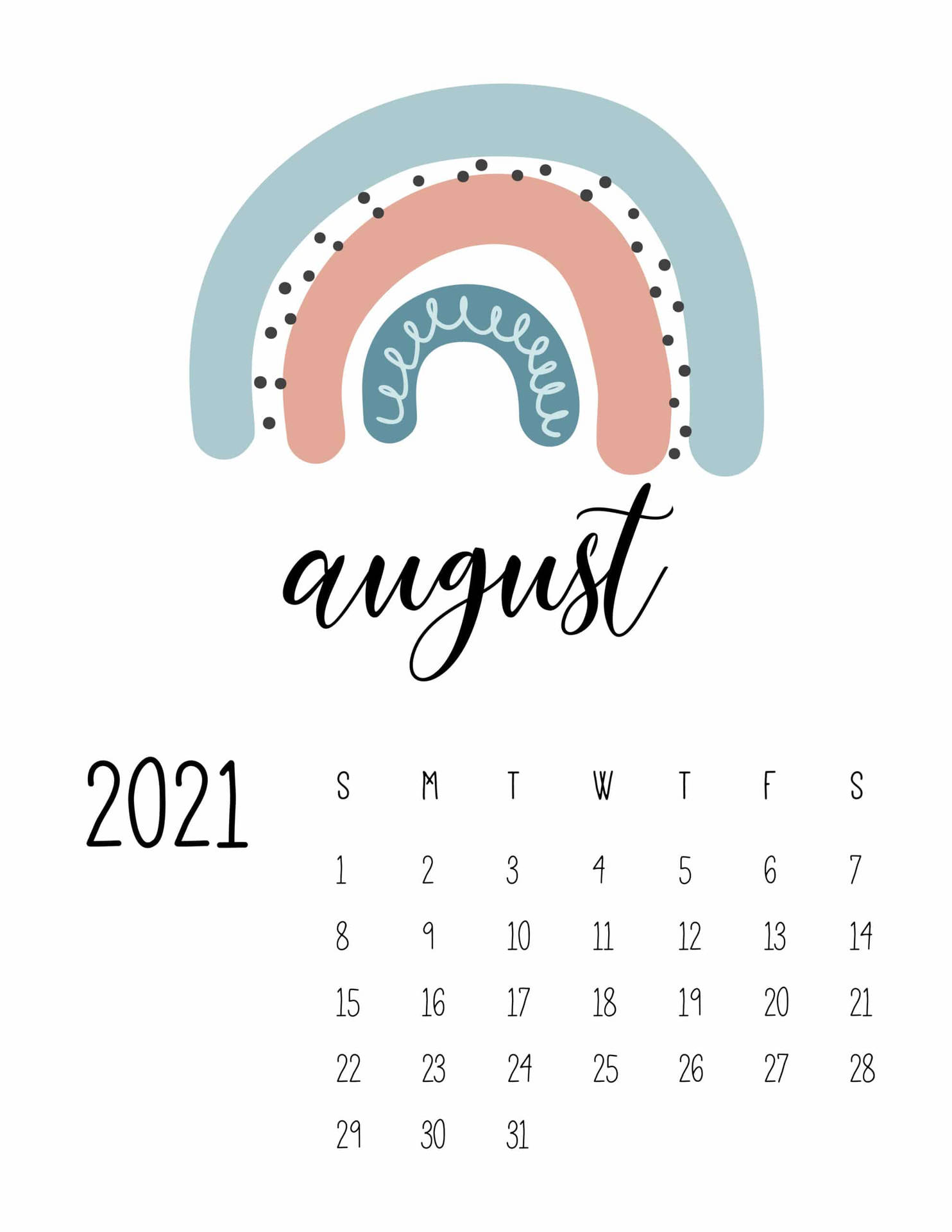 2021年8月月曆，附有柔和彩虹插圖。