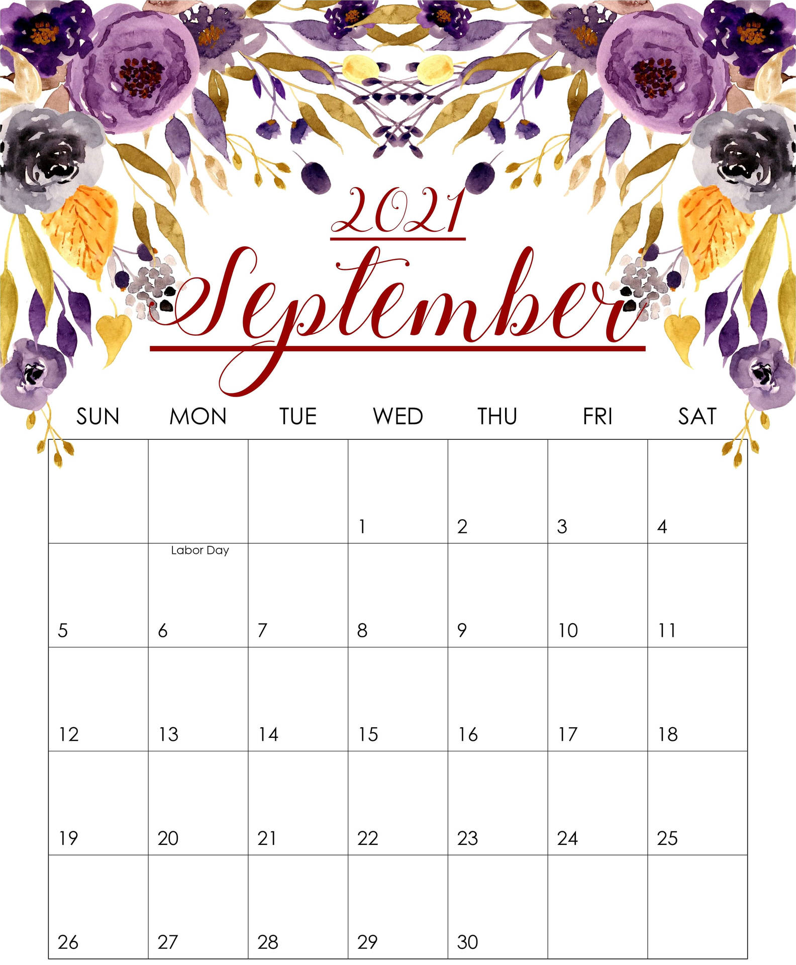 2021年9月日曆，帶有水彩花卉邊框。