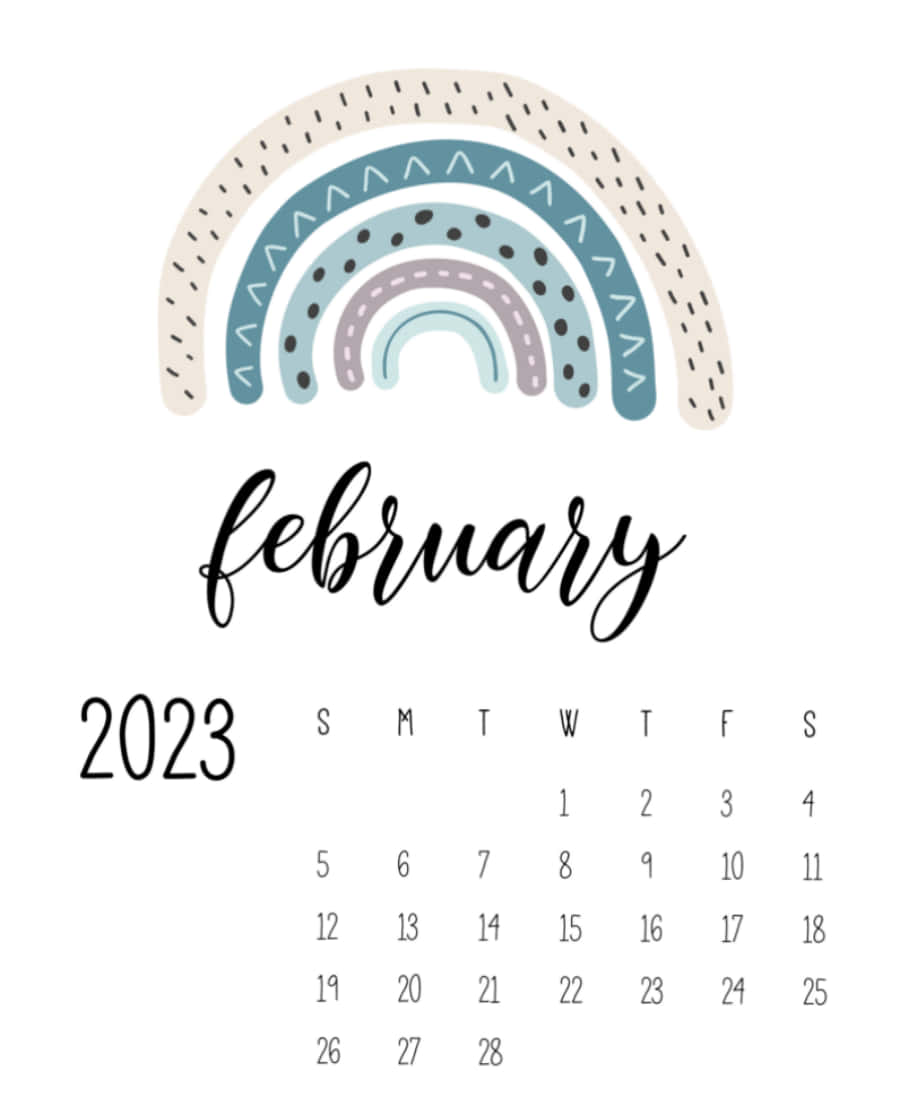 2023年2月月曆，帶有色彩繽紛的彩虹設計。