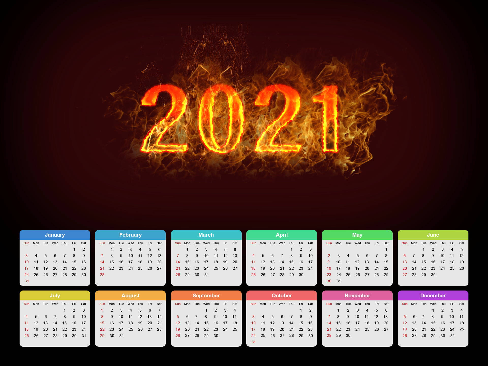 日曆 桌布 壁紙 — 2021年以火熱的橙色字體在深紅色背景上發光，下方有十二個色彩繽紛的月曆。
