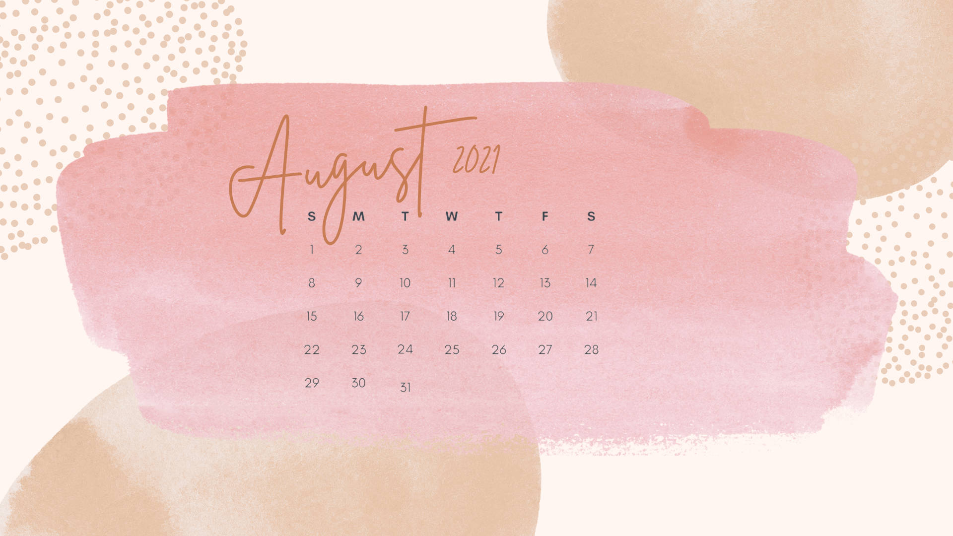 2021年八月日曆：時間管理 壁紙 — 2021年8月的柔和粉紅色水彩日曆，背景為米色抽象形狀和金色圓點。