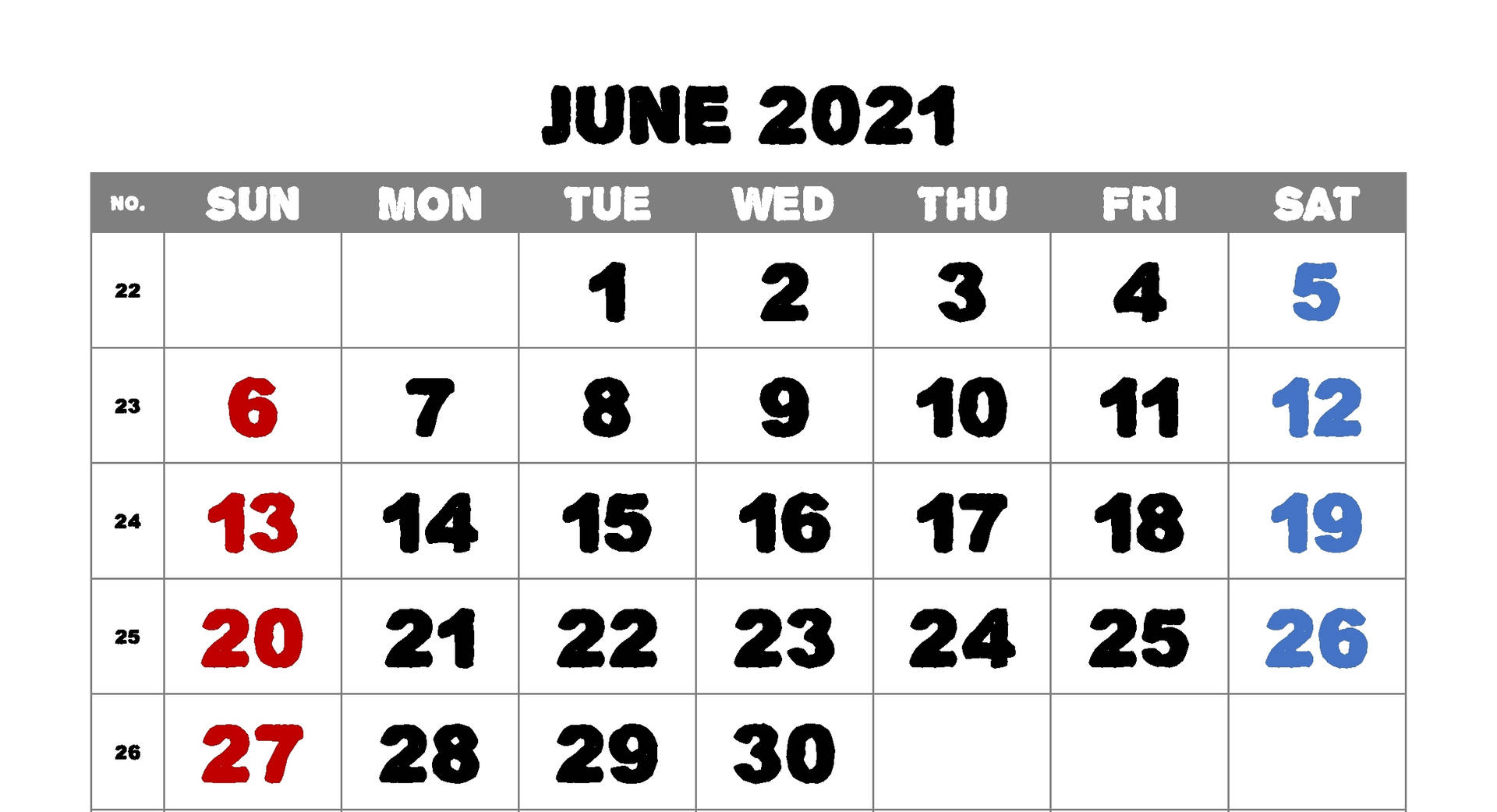 2021年6月日曆，帶有紅色和藍色突出顯示的日期。