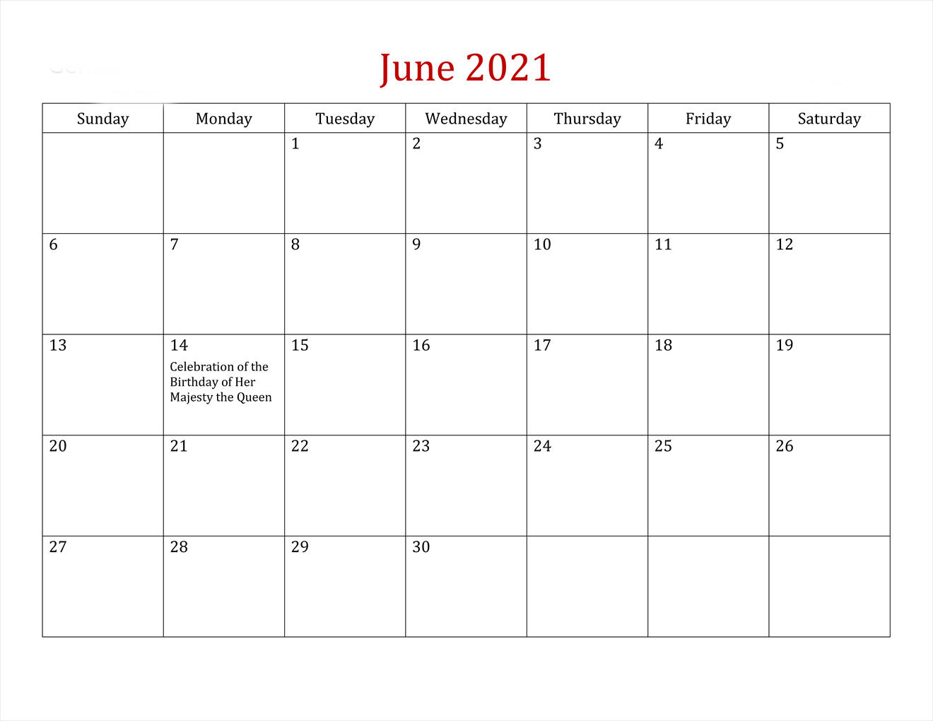 2021年6月日曆，在14日有一個女王生日的活動備註。