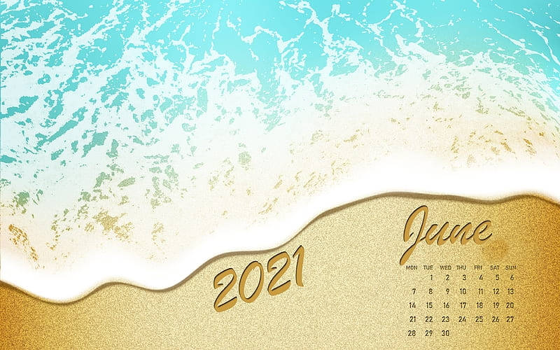 沙灘上的2021年6月月曆與綠松石色海浪。