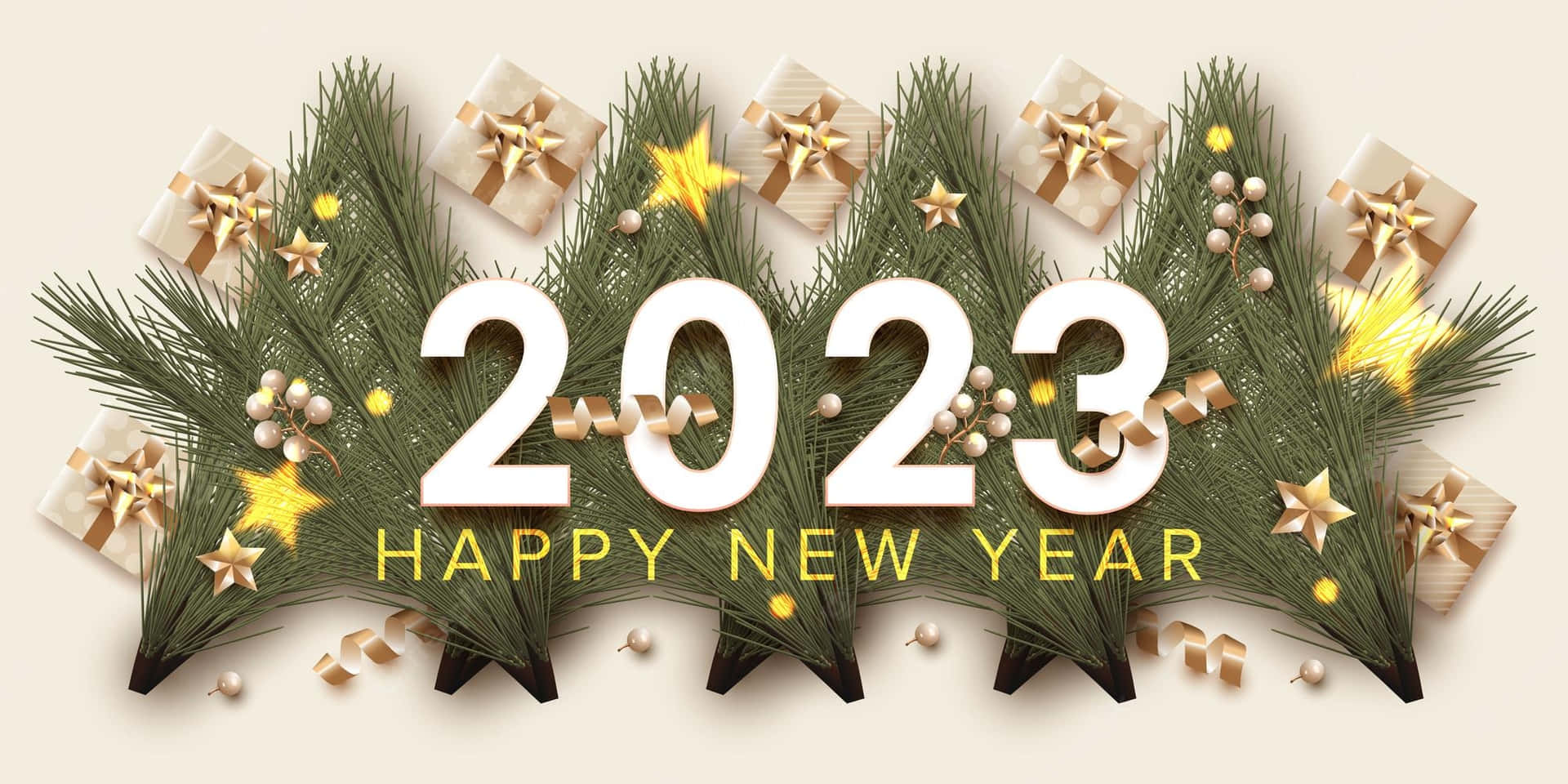 2021年第一天 —— 一起慶祝新年 壁紙 — 米色背景上，粗體白色2023文字被松樹枝、金色星星和包裝禮物環繞。