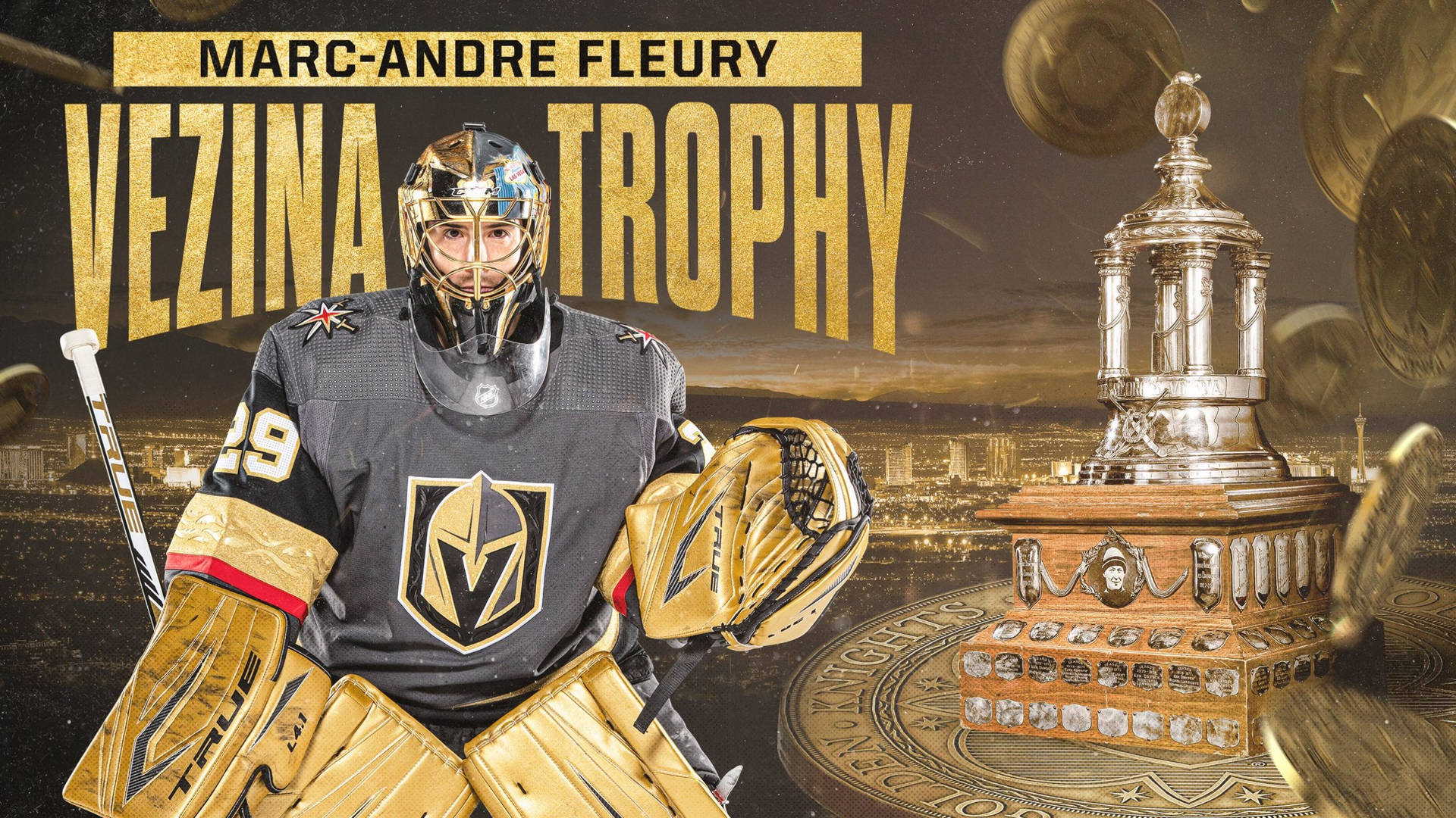 冰球守門員 Marc-Andre Fleury 在夜晚手持 Vezina 獎盃，背景是城市燈光。