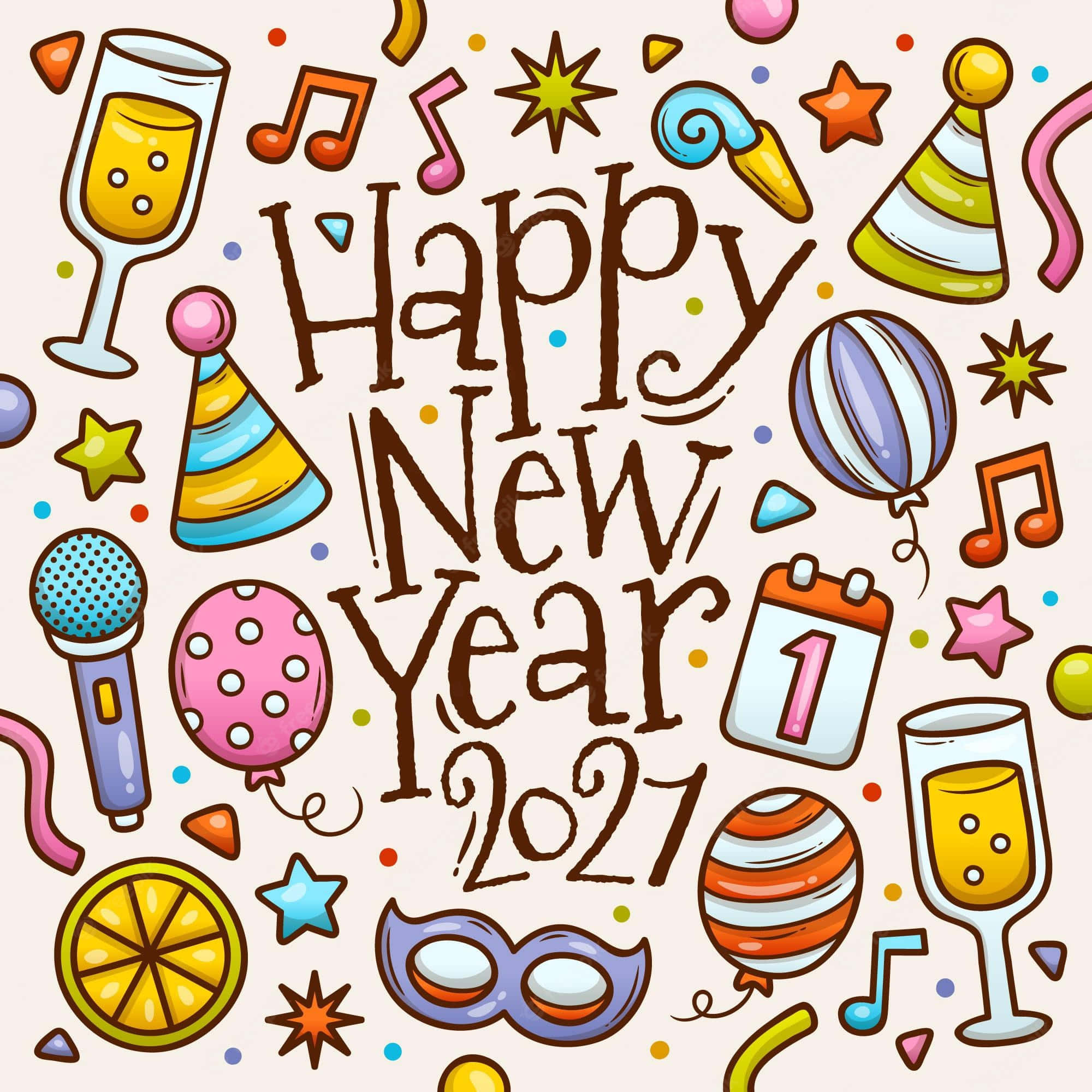 2021新年快樂圖 壁紙 — 一張歡樂的手繪新年2021賀卡，周圍散落著香檳杯、氣球和派對帽等節日圖標。