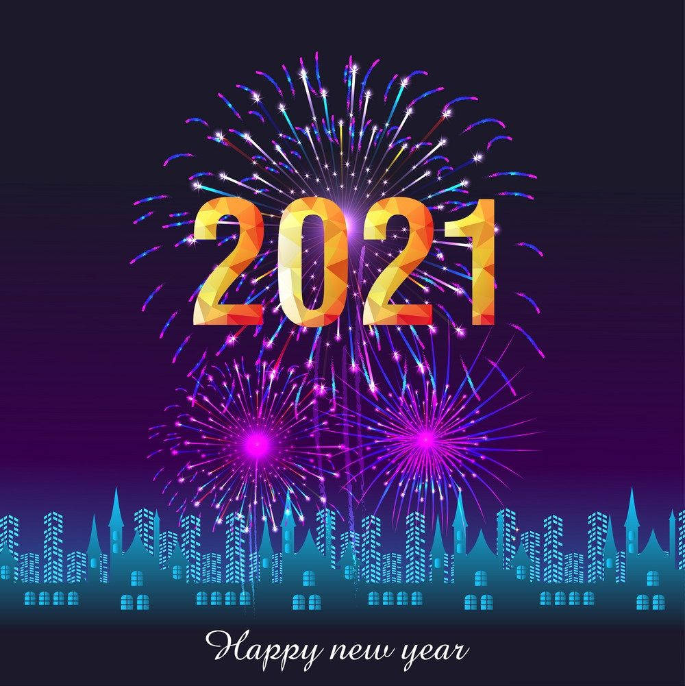 在發光的城市天際線上慶祝2021年新年的節日煙花表演。