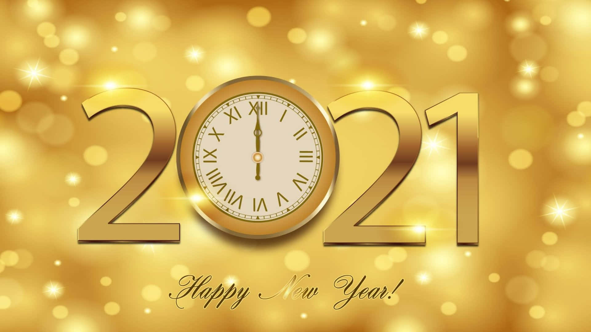 「2021璀璨閃耀：歡慶新年」 壁紙 — 金色2021年新年倒數時鐘，帶有羅馬數字，設定在午夜，背景是閃爍的散景。