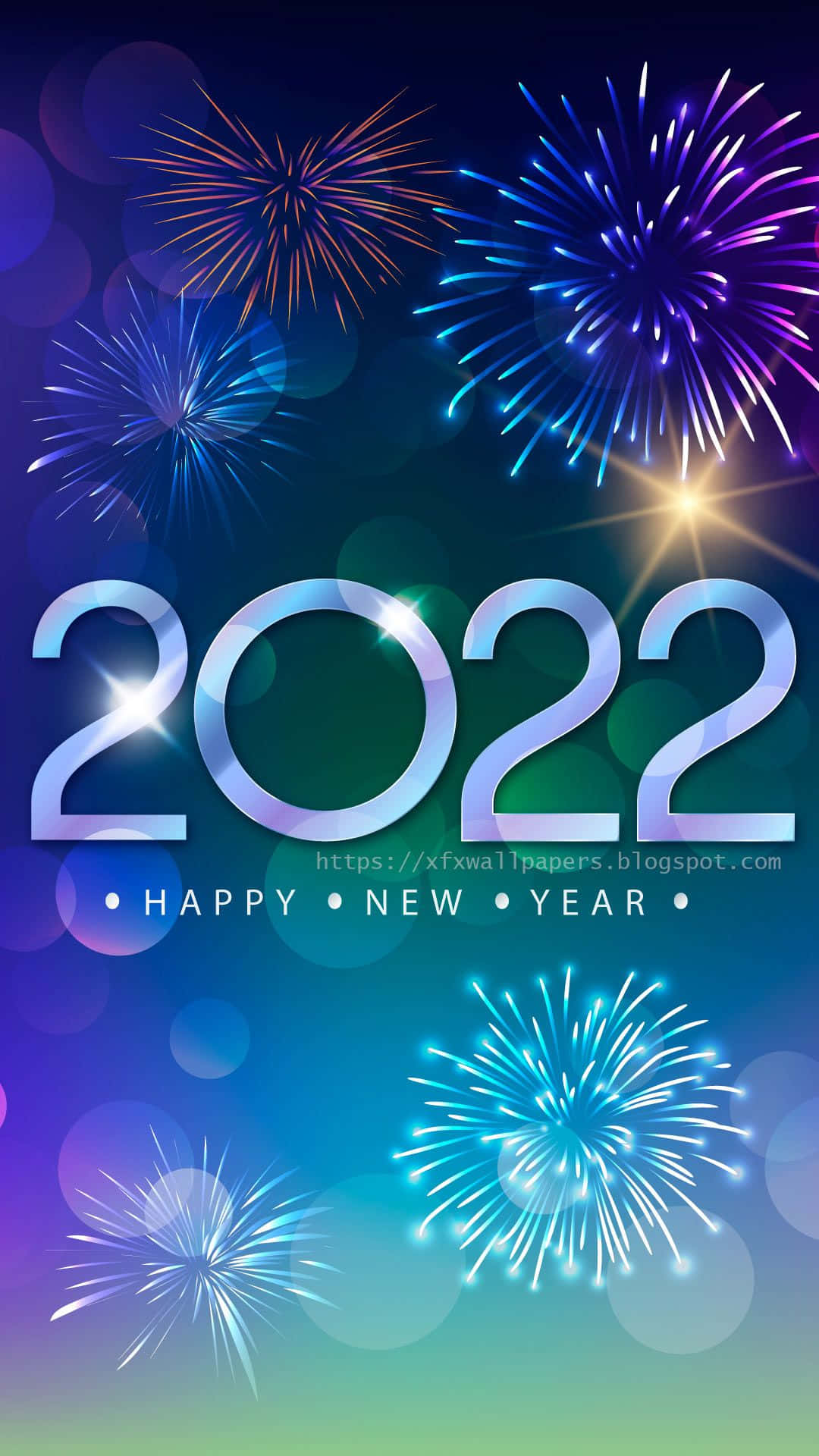 2022年大展宏圖 壁紙 — 鮮豔的藍色和紫色煙火在發光的2022文字周圍爆炸，背景是漸變夜空。