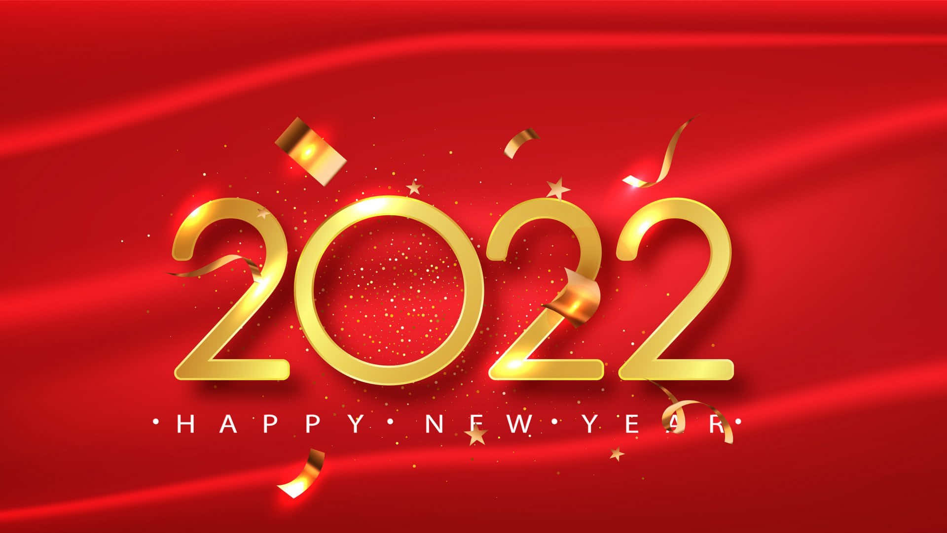 2022新年金紅配色 壁紙 — 金色2022字樣與五彩紙屑和星星漂浮在豐富的紅色緞面背景上，營造節日新年祝福。