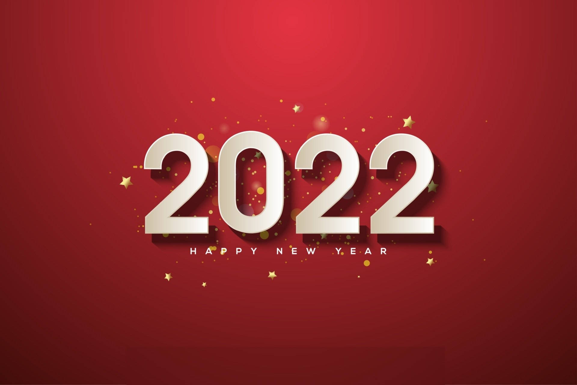 2022新年紅色藝術 壁紙 — 粗體白色2022文字，搭配金色星星和散景燈光，在豐富的紅色漸變背景上。