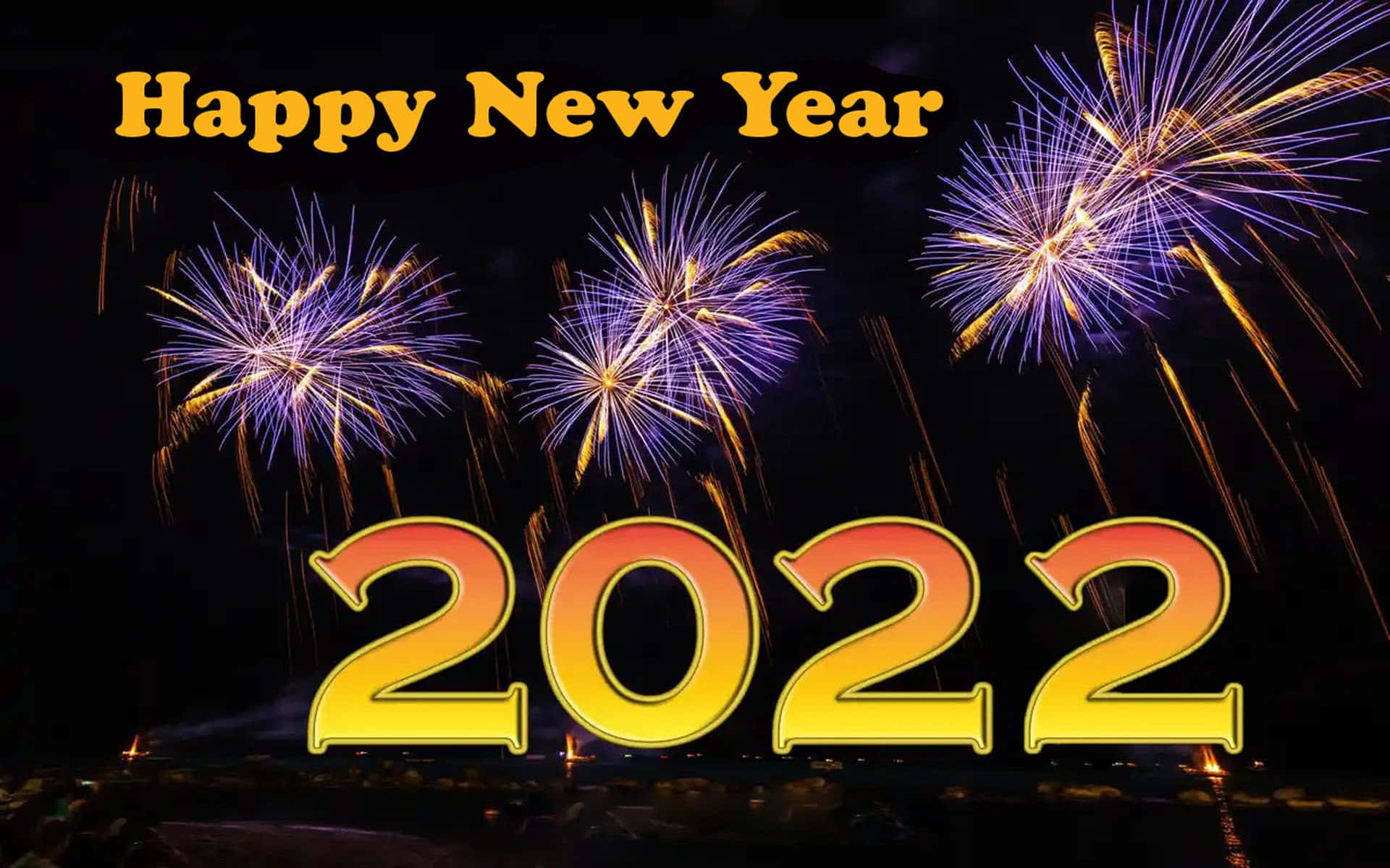 2022 年復古風格煙火壁紙 壁紙 — 鮮豔的紫色和金色煙火在黑暗夜空背景下，在粗體發光的2022文字和'Happy New Year'文字上方爆炸。