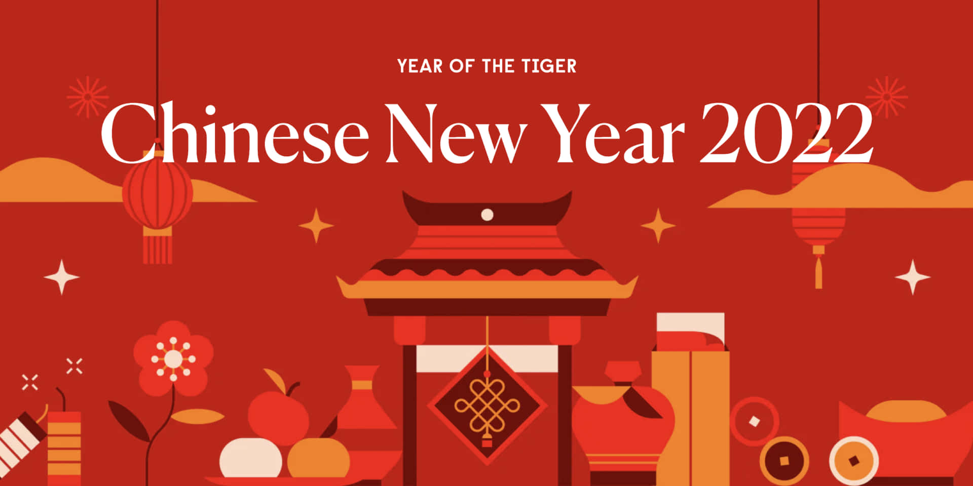 2022年紅黃調中國新年 壁紙 — 鮮豔的紅色插圖以傳統燈籠、水果和老虎主題的大門，在節日背景下慶祝2022年農曆新年。