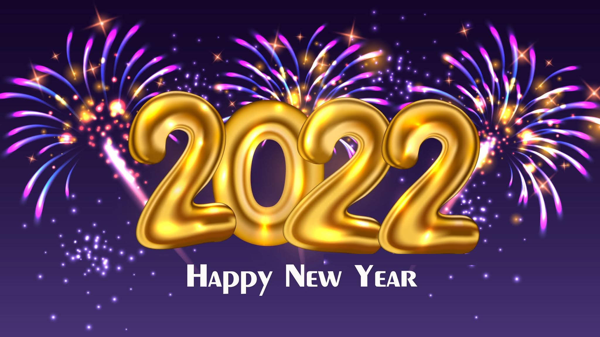 歡慶迎2022！以喜悅與慶祝迎接新年 壁紙 — 金色2022氣球在星空夜空中爆發出紫色和金色的煙火，慶祝新年。