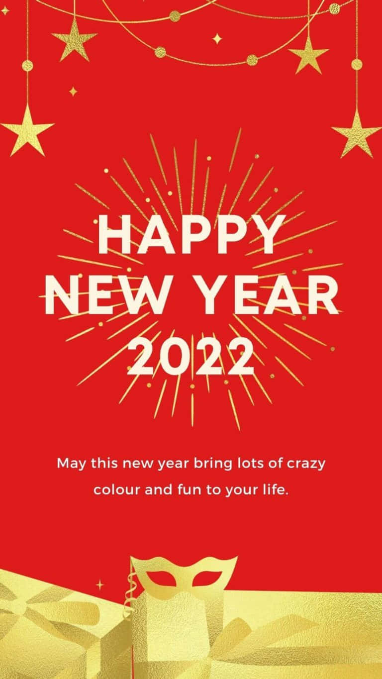 2022春節歡樂祝福 壁紙 — 充滿活力的紅色背景，金色星星和煙火，慶祝2022年新年快樂，配有節日禮品盒和化妝舞會面具。