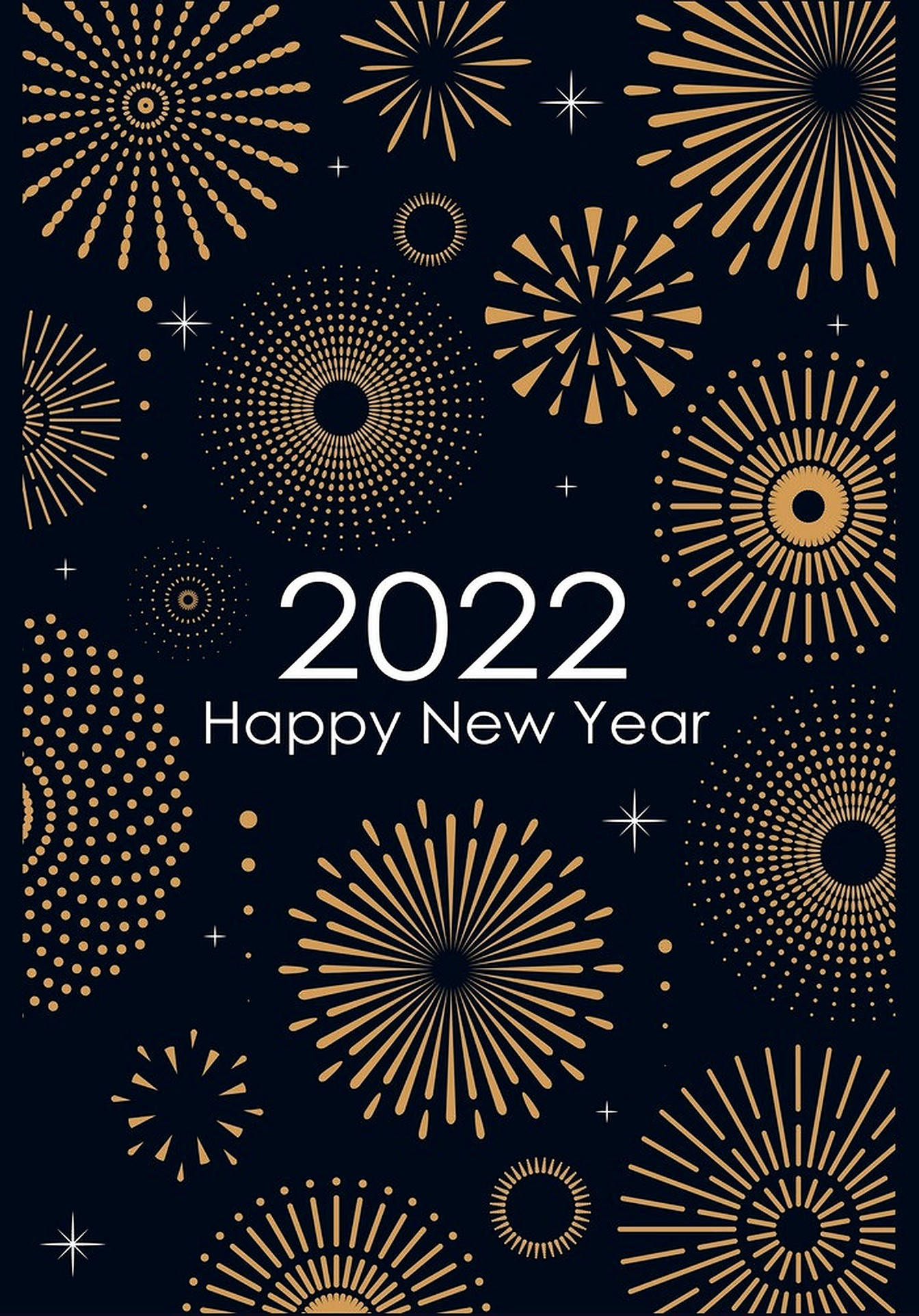 2022 新年開張大吉！ 壁紙 — 金色幾何煙花在深藍色背景上綻放，以閃爍的星星慶祝2022年新年。