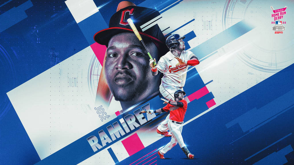 2022 年冠軍 Jose Ramirez 粉絲藝術 壁紙 — 動感棒球選手 Jose Ramirez 在搶眼的藍色幾何背景上擺出動作姿勢，並帶有球隊品牌標誌。