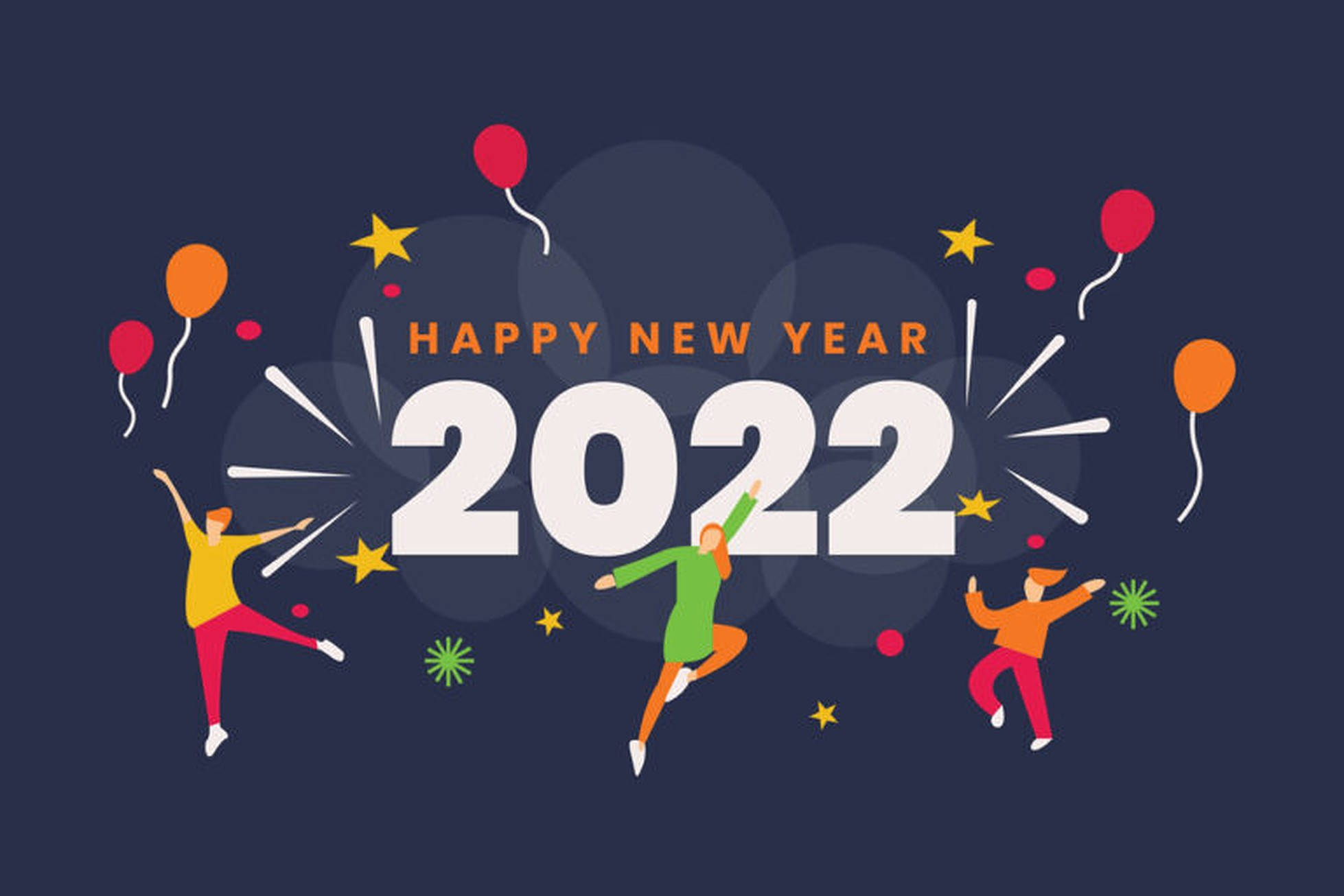 2022 新年向量藝術 壁紙 — 三個歡樂的人物圍繞著粗體2022文字跳躍，伴有氣球和星星，背景為深藍色。