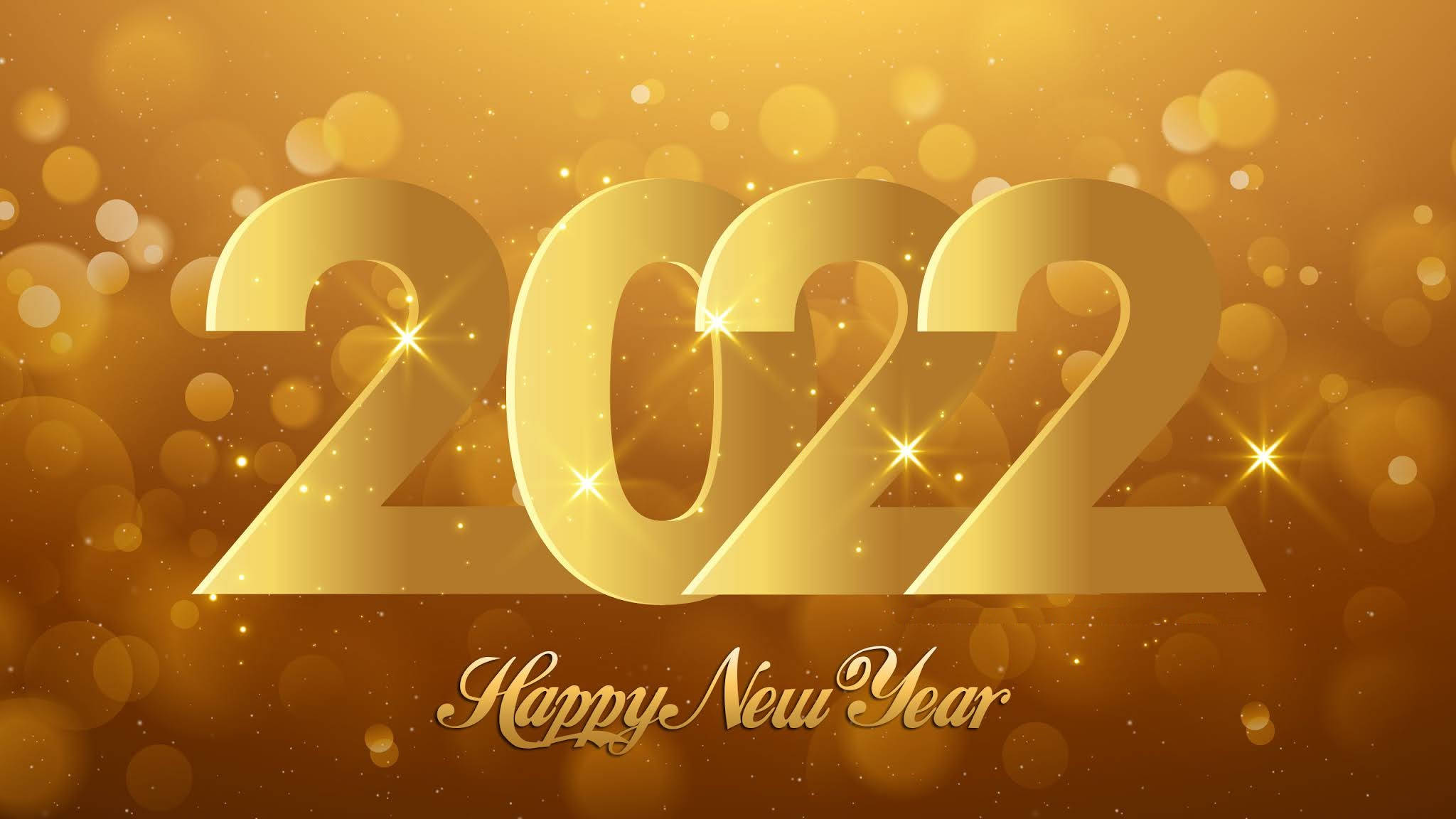 2022 新年經典金 壁紙 — 金色2022文字，帶有閃爍燈光和散景背景，適合新年慶祝。