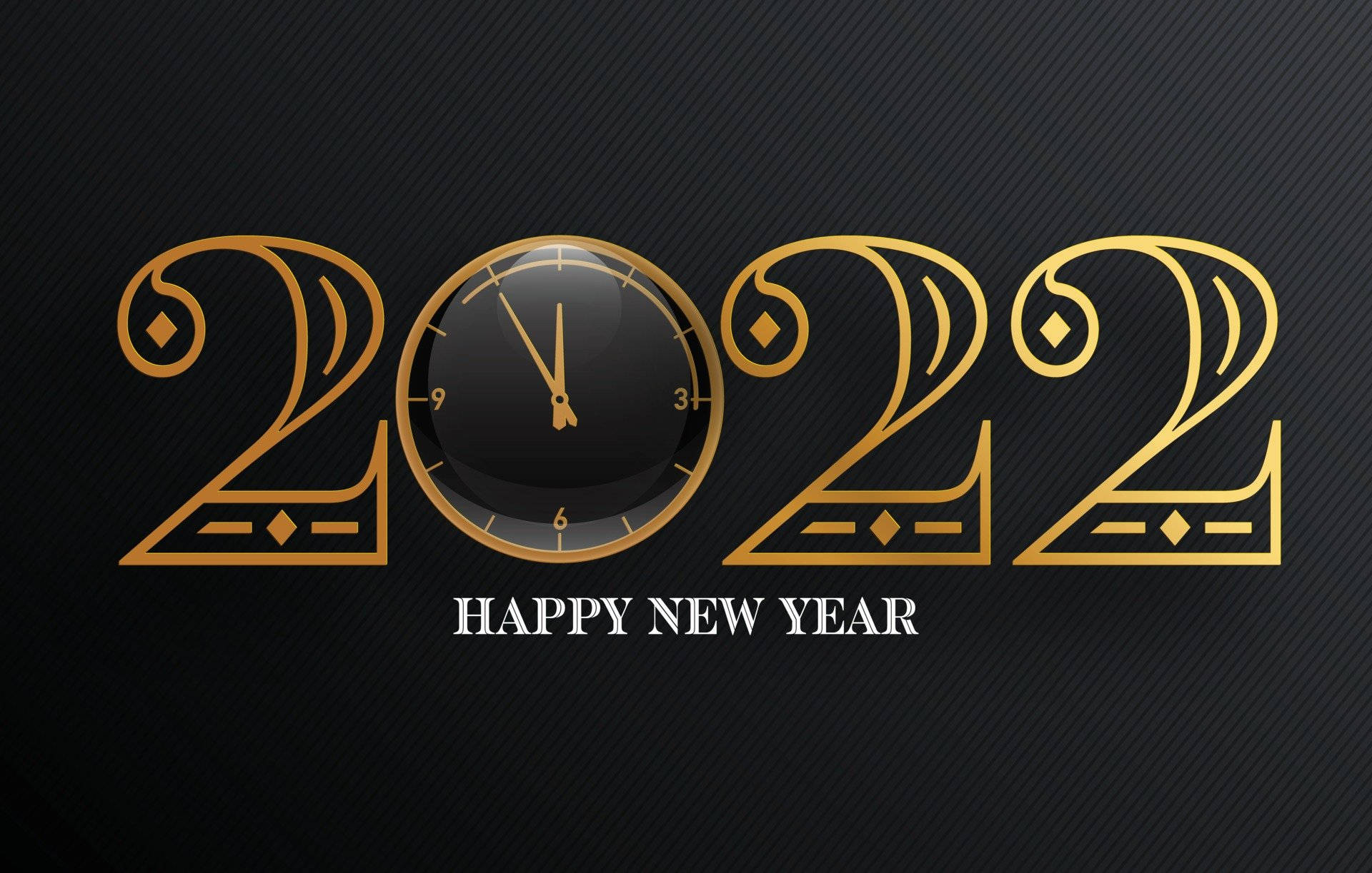 2022 新年金鐘 壁紙 — 金色裝飾藝術風格2022數字，中央有鐘面，在深色紋理背景上慶祝新年。
