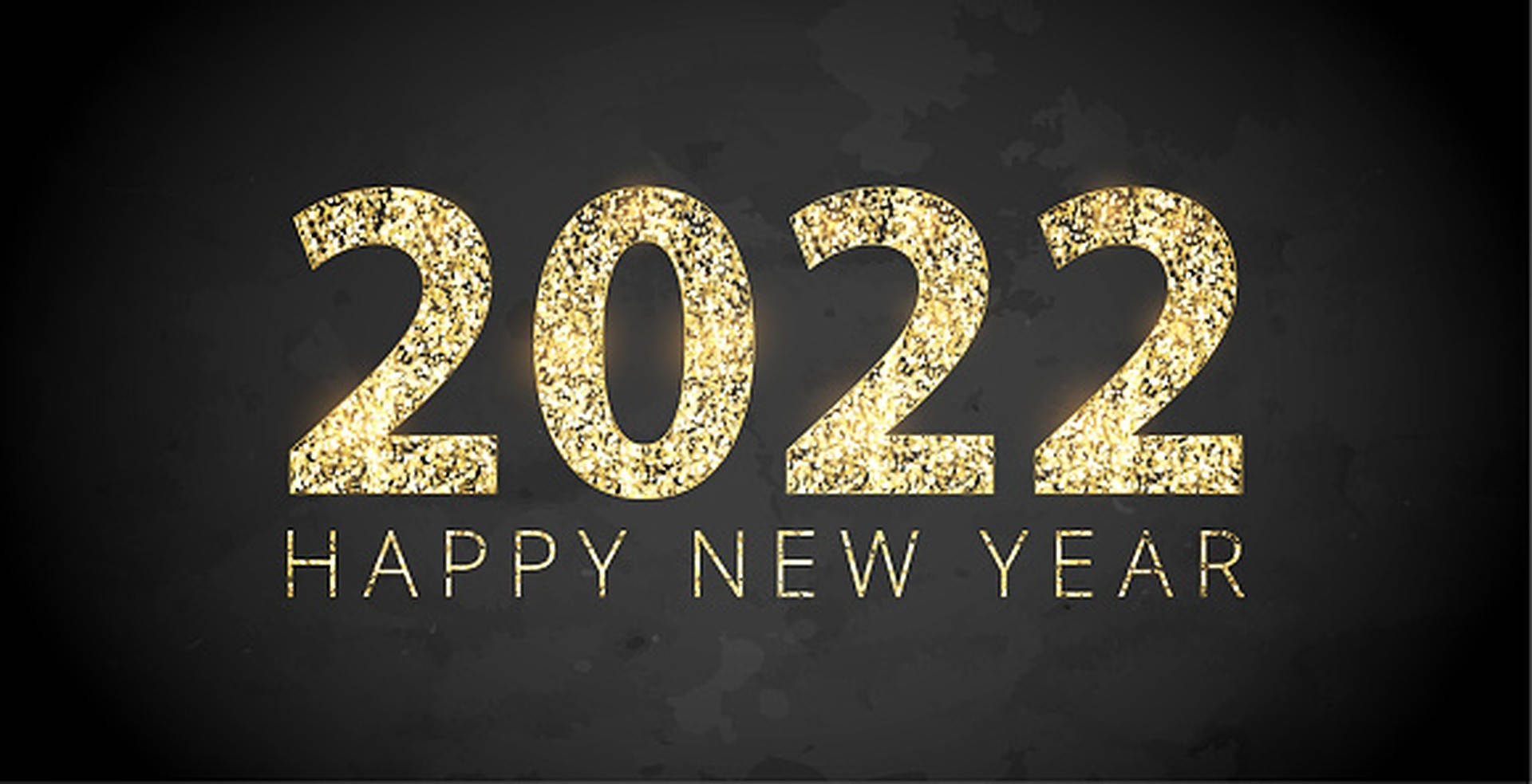 2022 新年金閃粉 壁紙 — 金色閃亮的2022文字，下方有「Happy New Year」，在深色紋理背景上。