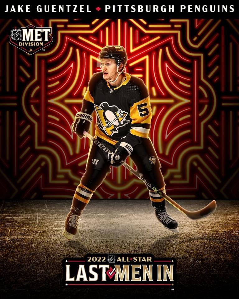 冰球運動員 Jake Guentzel 身穿企鵝隊裝備在冰上，搭配霓虹背景。