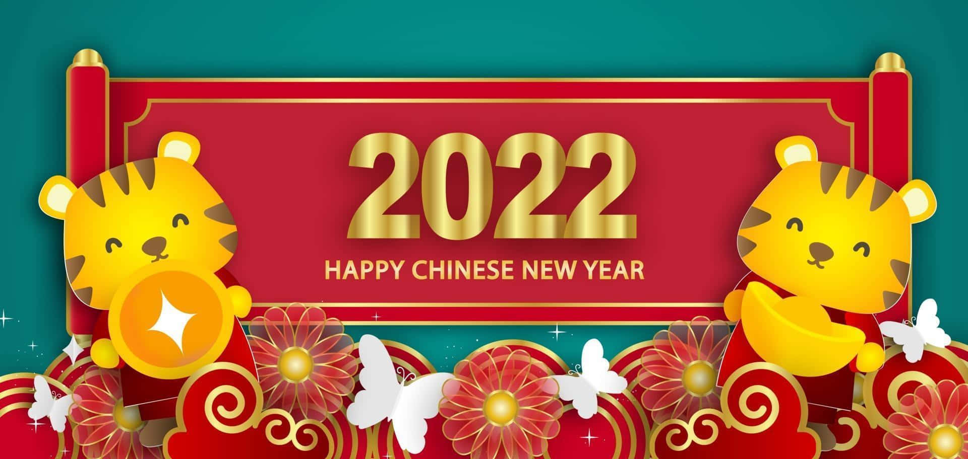 2022可愛虎年 壁紙 — 兩隻可愛的卡通老虎夾著一個紅色橫幅，上面有金色2022和Happy Chinese New Year字樣，飾有花朵和蝴蝶。
