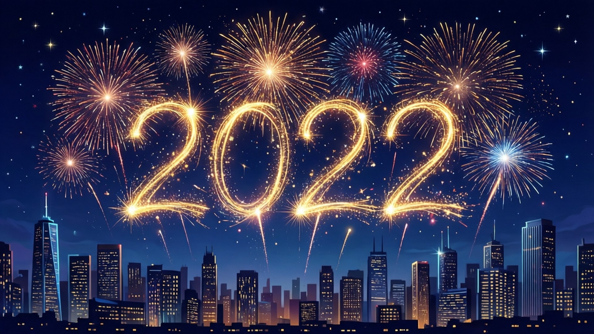 煙火在夜晚燈火通明的城市天際線上方形成2022年。