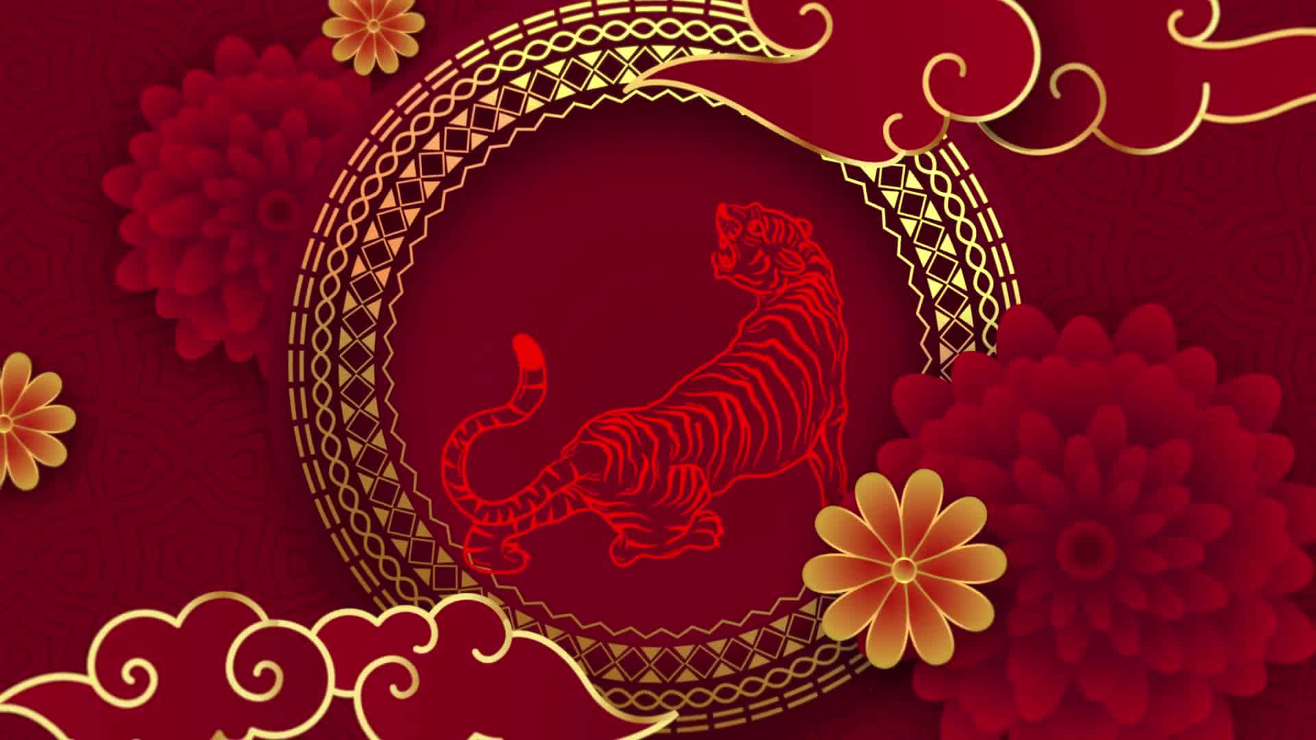 金色框架中的紅色老虎剪影，配有紅色和金色的花朵，用於農曆新年。