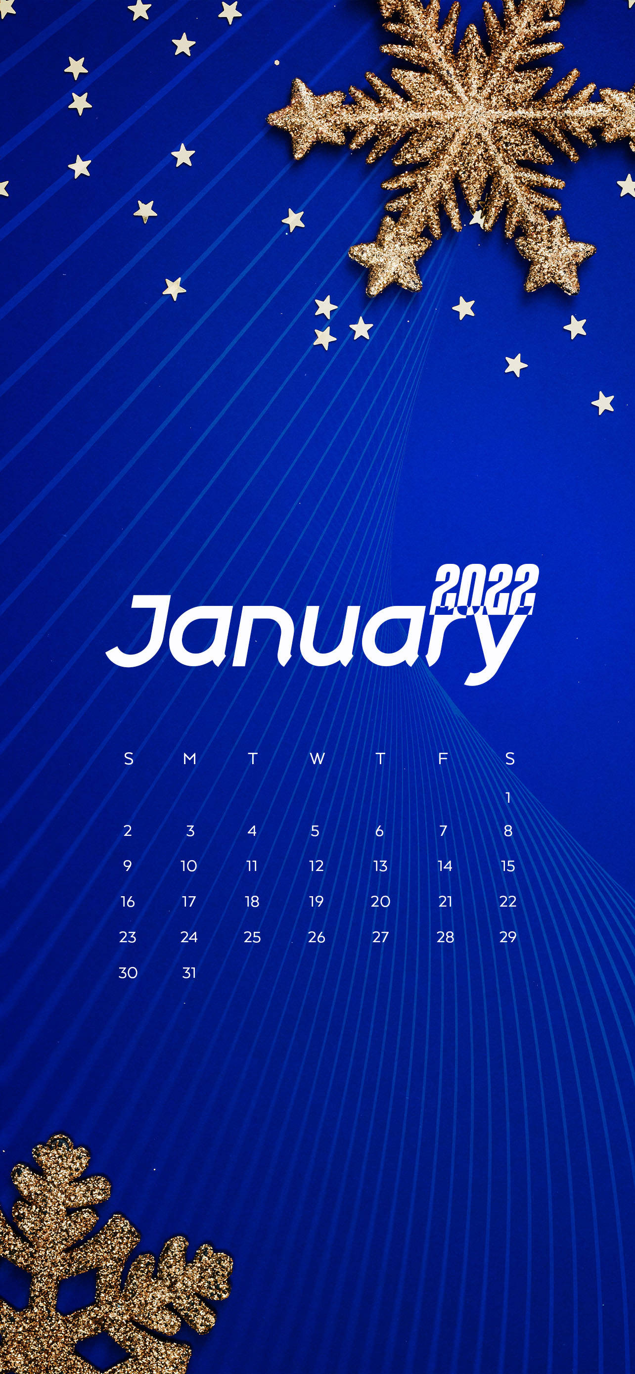 2022年1月藍色雪花日曆 壁紙 — 2022年1月的鮮豔藍色數位日曆，飾有閃閃發光的金色雪花和白色星星，背景是放射狀的對角線。