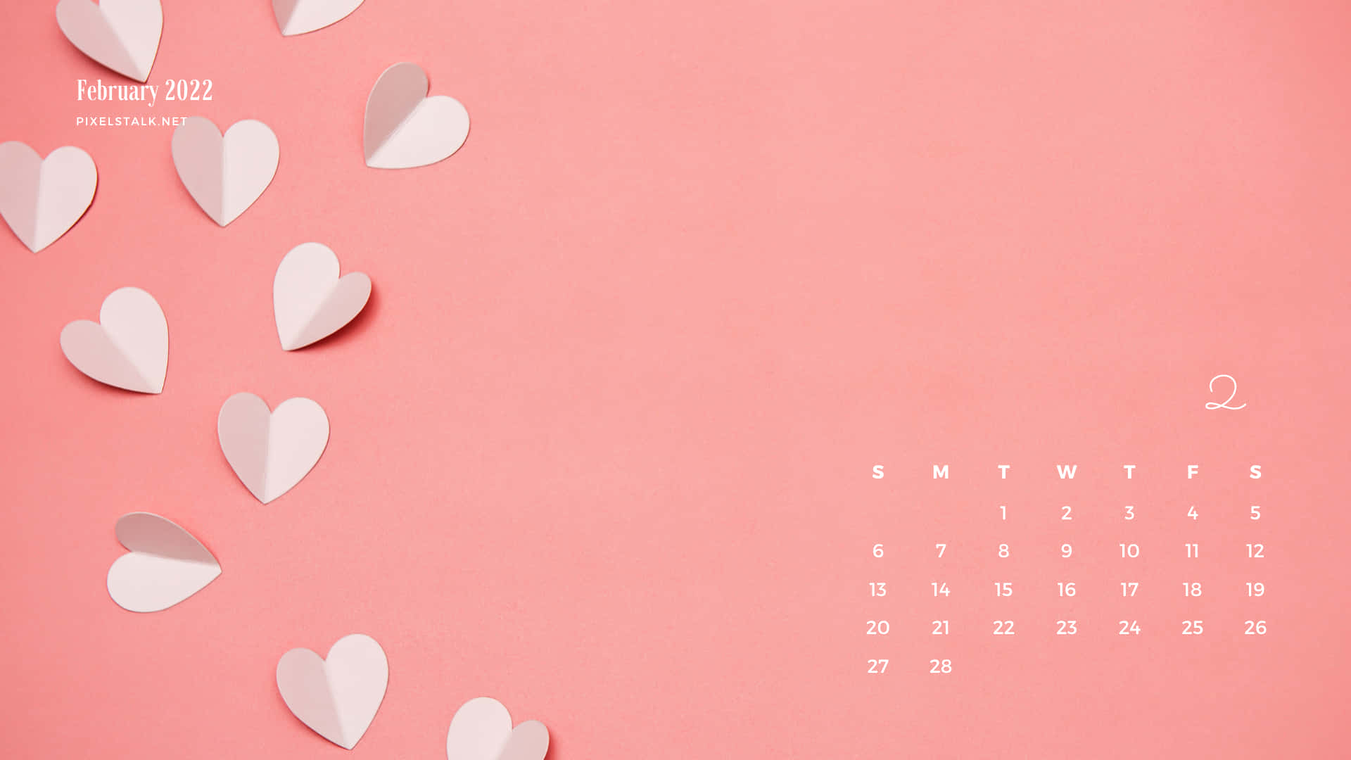 2022年2月日曆，粉紅色背景上有白色紙心心。