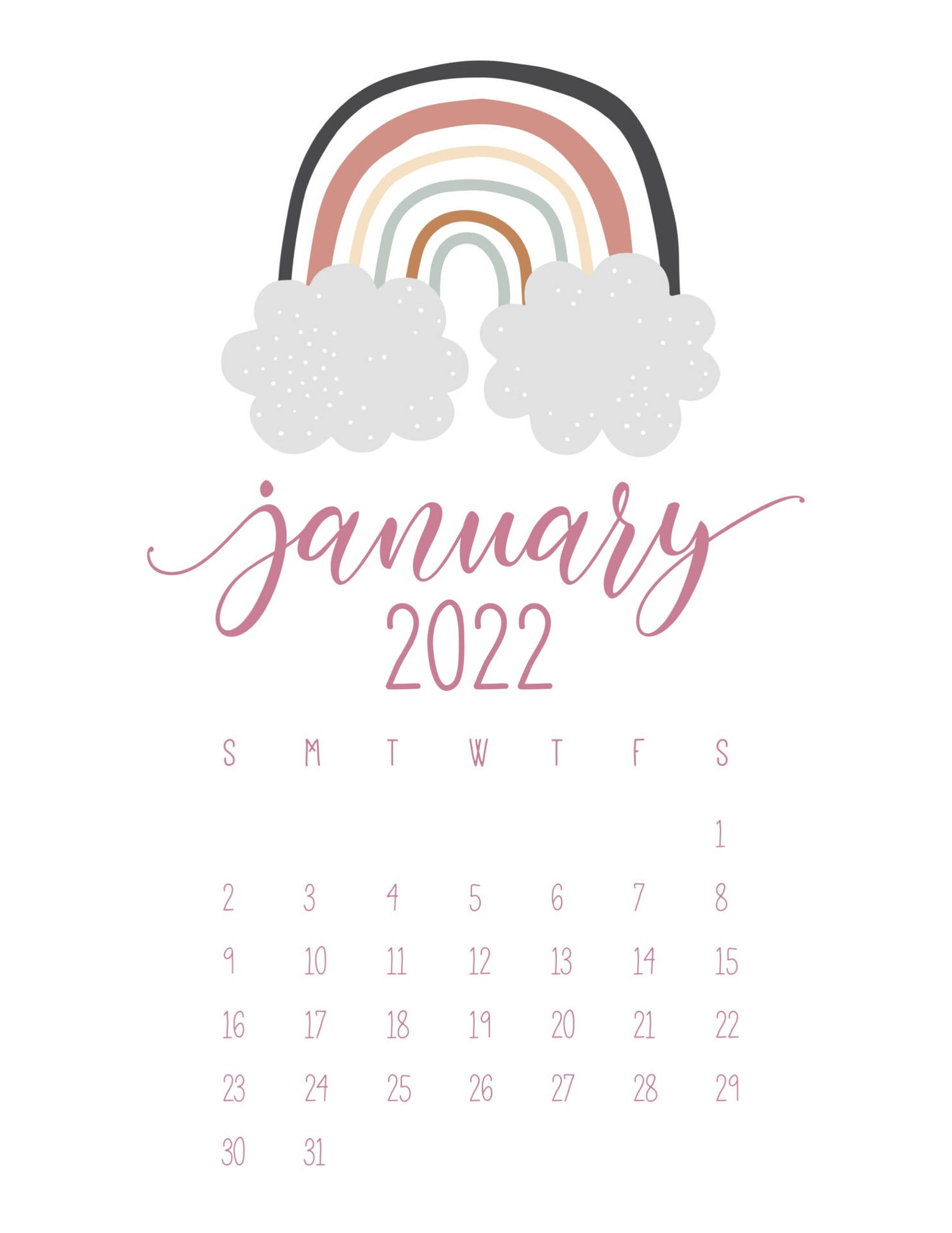 2022 年 1 月日曆，帶有粉彩彩虹和雲朵