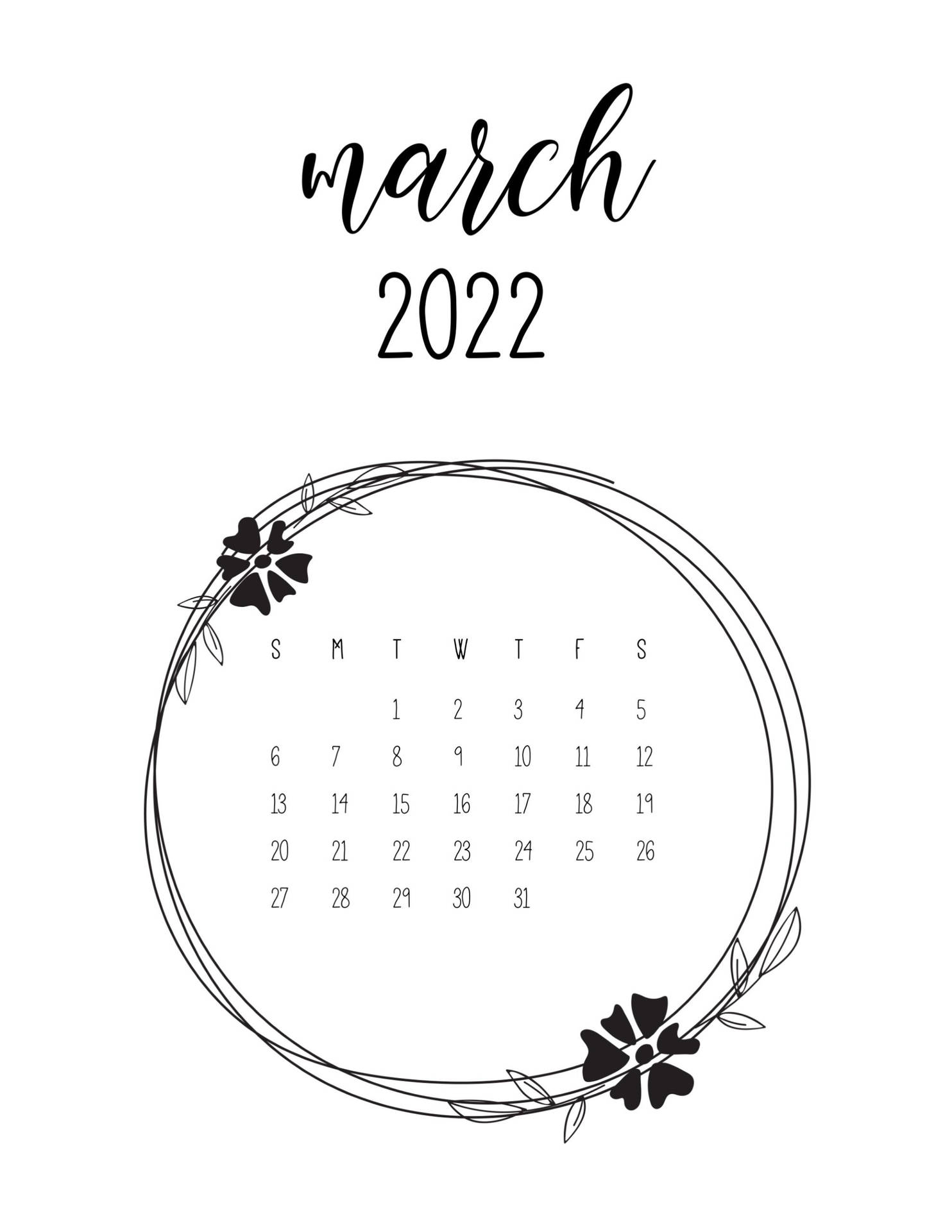 帶有圓形花環邊框的2022年3月日曆。