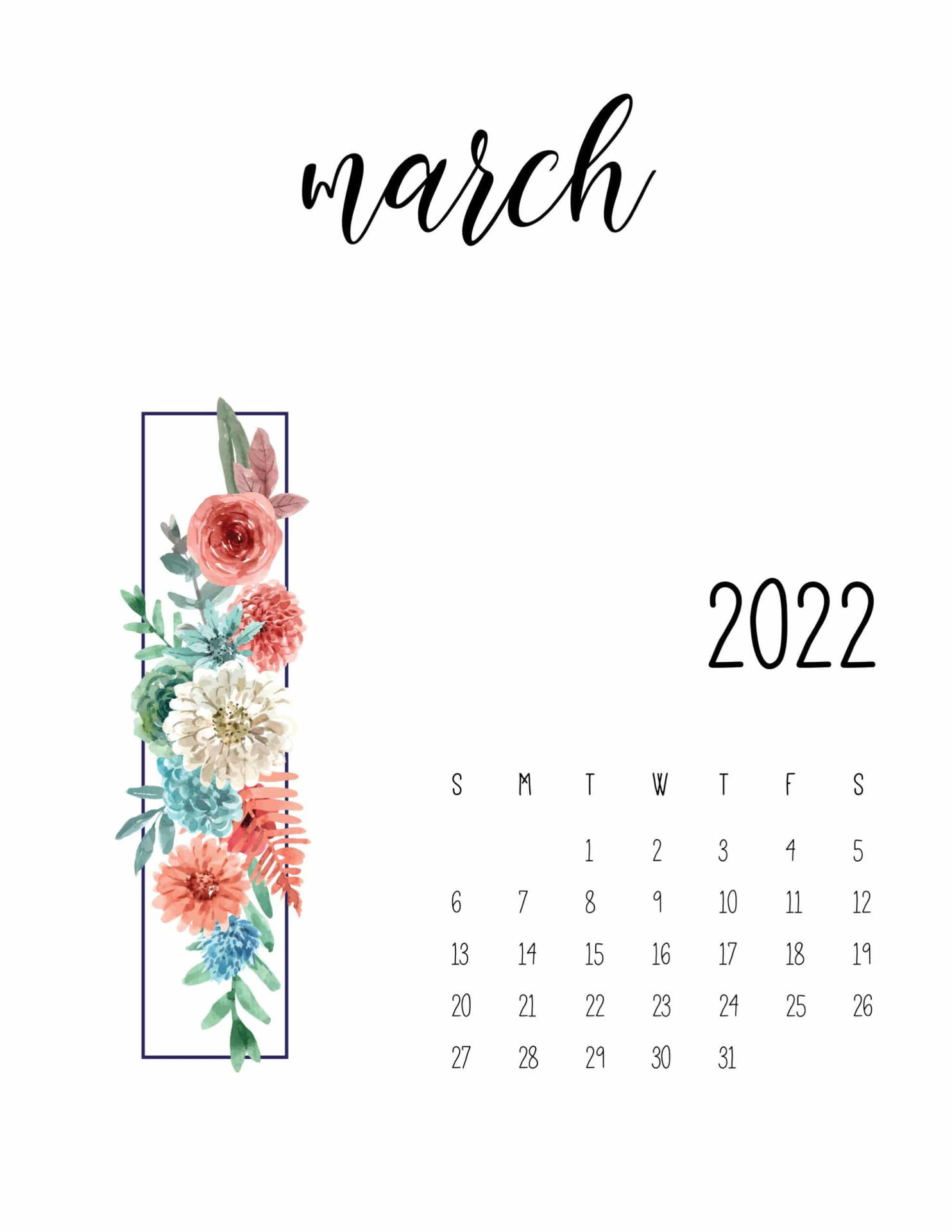 2022年3月月曆，左側有水彩花卉。