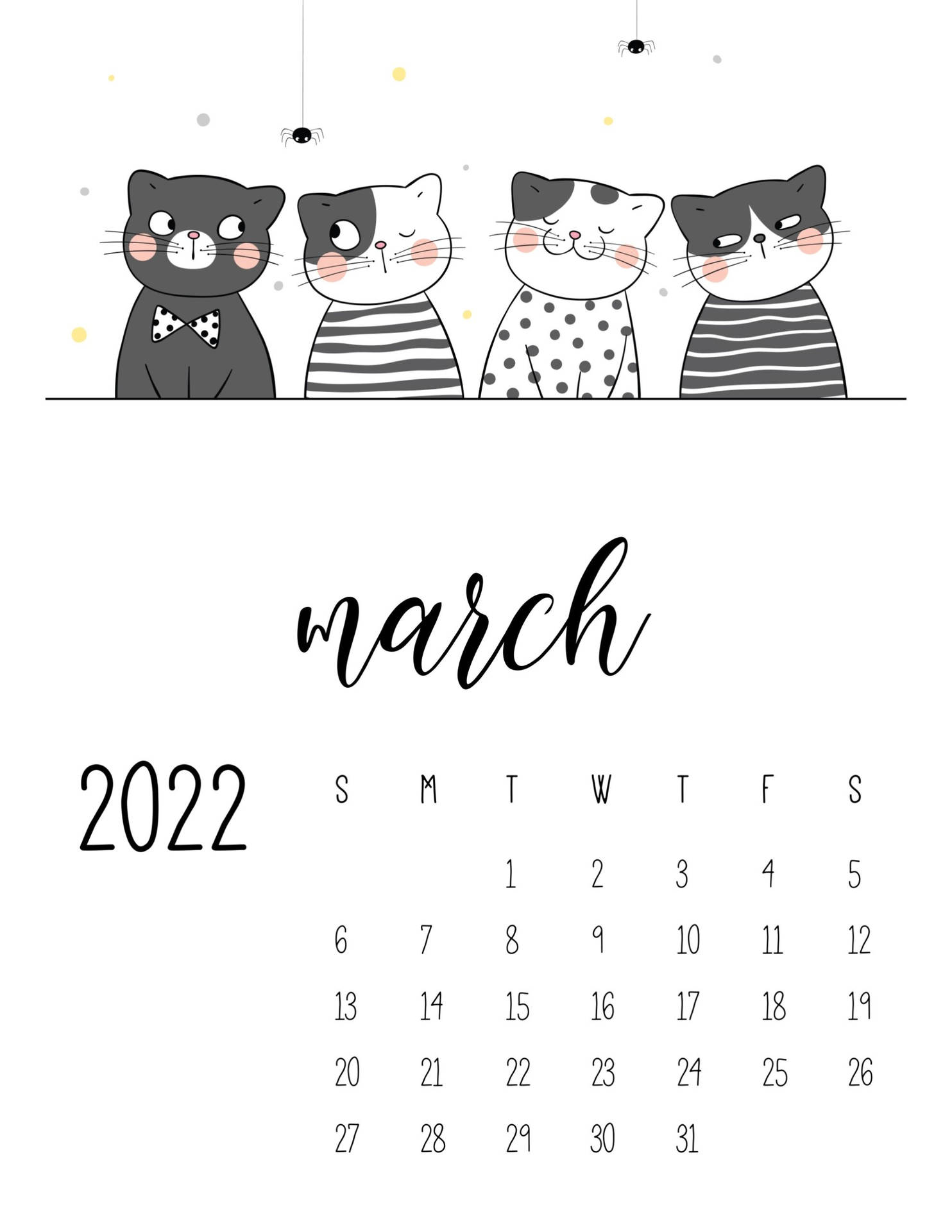 四隻卡通貓咪穿著服裝，從2022年3月日曆上方窺視，上方有蜘蛛。