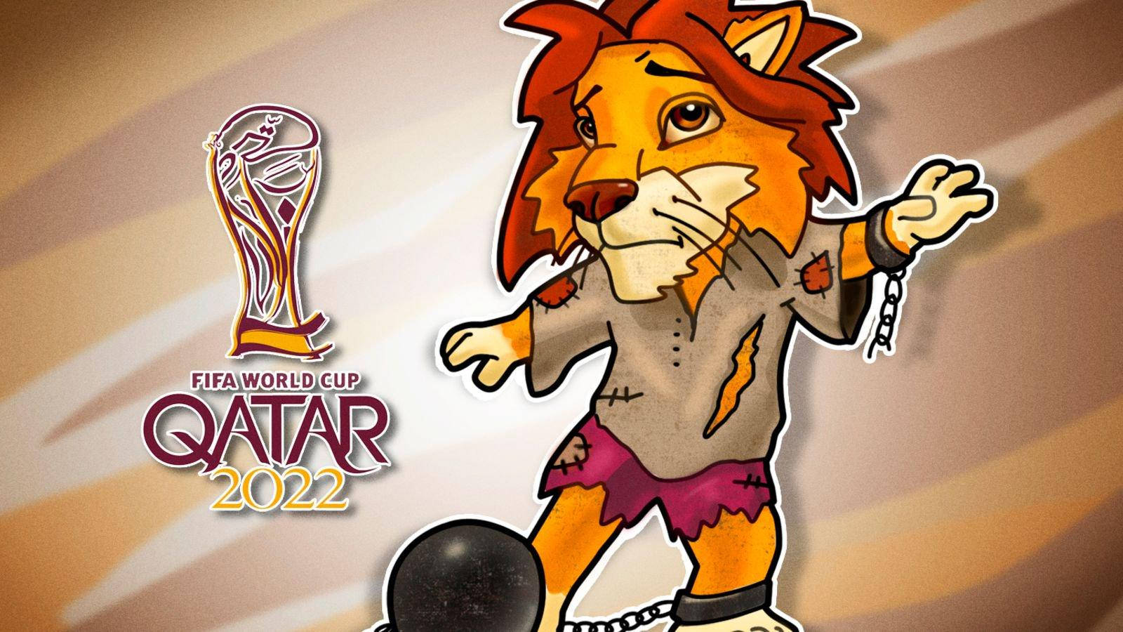 卡通獅子吉祥物帶著鎖鏈在FIFA世界盃卡塔爾2022標誌旁邊。