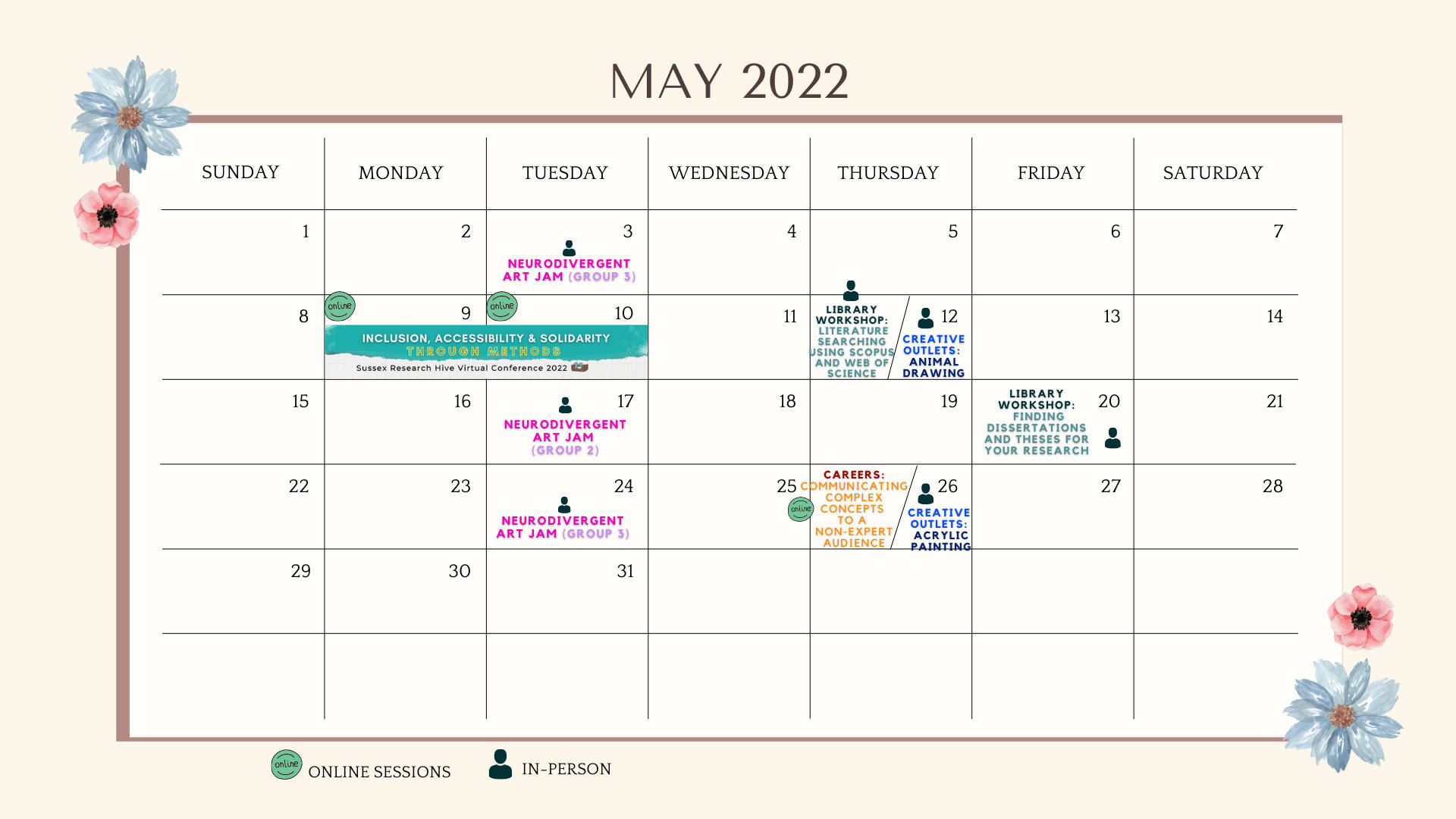 2022年5月月曆，附有活動貼紙和花卉裝飾。