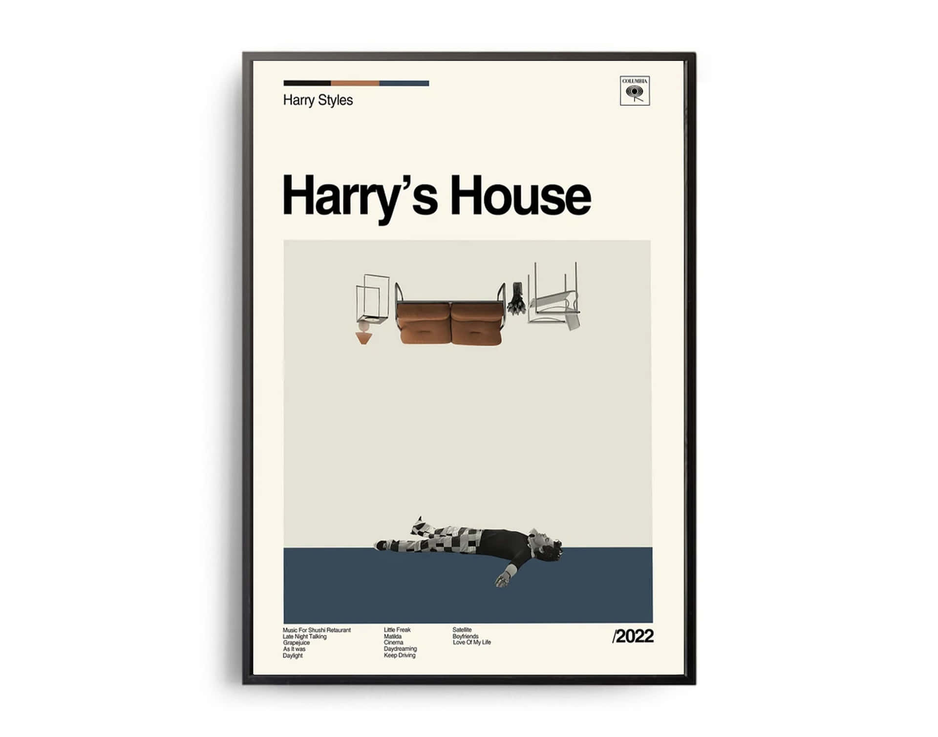 Harry Styles 專輯《Harry's House》的封面藝術，帶有浮動家具和躺臥人物。