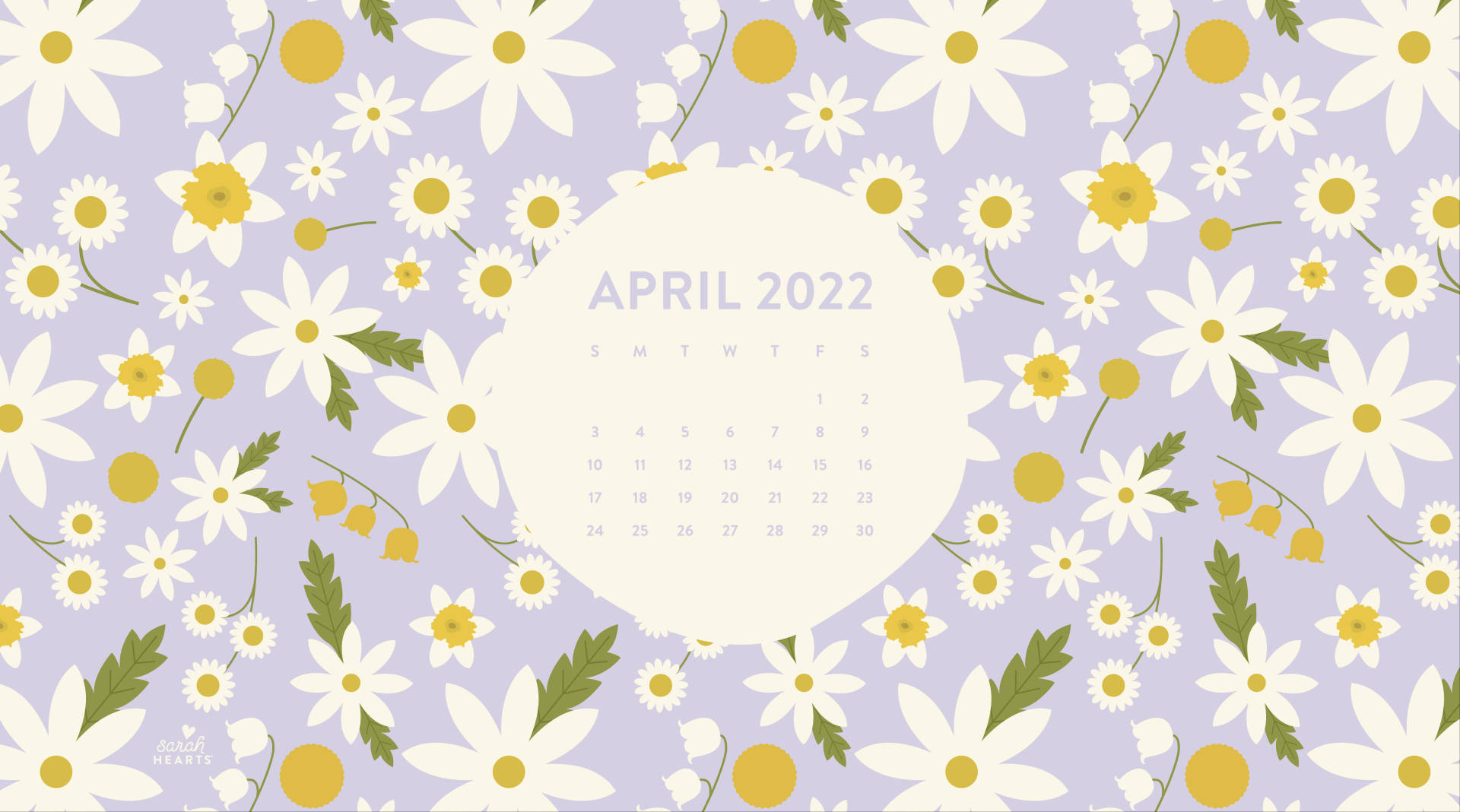2022年4月日曆被雛菊和鈴鐺環繞在薰衣草背景上。