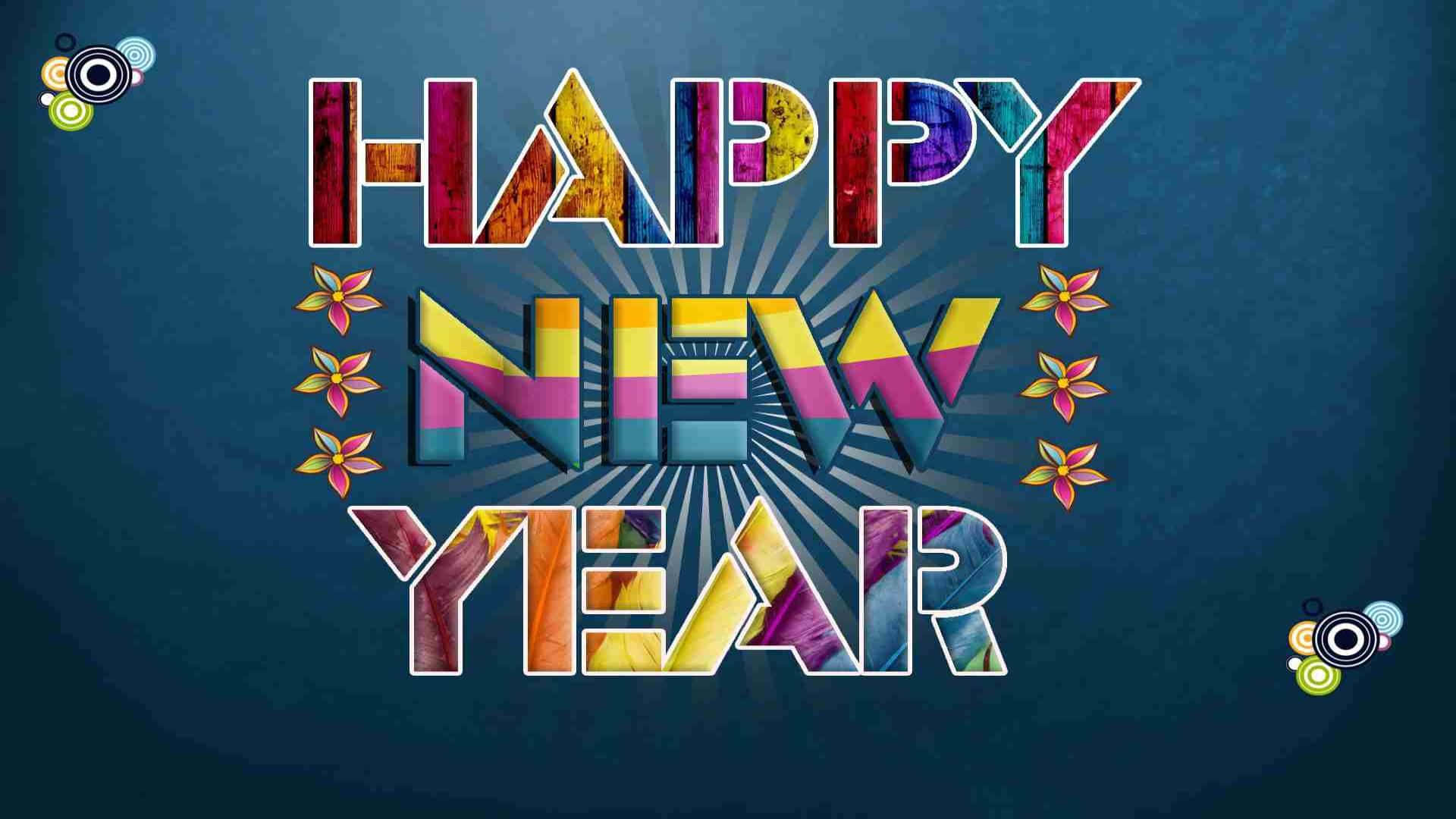 深藍色背景上帶有彩色碎片字母和花卉點綴的 Happy New Year 文字設計。
